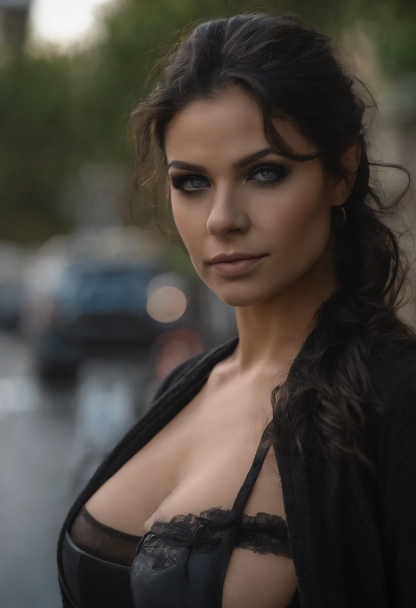 1girl, looks like CJ Miles, solo, long hair, revealing black ops tactical vest, large breasts, fit body, looking at viewer, tokyo street background, black hair, two side up, turtleneck, blue eyes, lips, closed mouth, ribbon, hair ribbon, bangs, full body, 6 pack abs, parted bangs, black ribbon, ribbed sweater, twintails, nose, sexy features