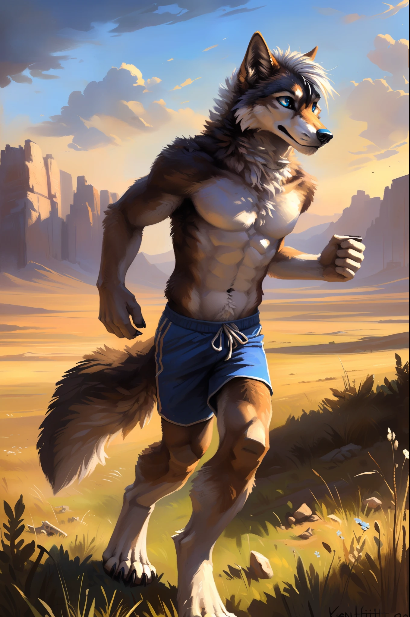 ((Solo)), male people, anthro wolf, (Multi-colored fur, White-brown:1.3), ((Wolf face, White hair, Big eyes, White eyelids, Blue pupil, Slim:1.2) (Tough, Calm expression:1.2)), Abs, Slim, pinging)), (Correct anatomy), (Work shorts:1.1), (Contour bone:1.2), The upper body is naked, (detailed outfits),A big tail，Feet，(Realistic fur, Detailed fur texture, labeled:1.3)), (Natural lighting), Photorealistic, Hyperrealistic, ultradetailed, by Kenket，Endless grasslands，No buildings，Running on