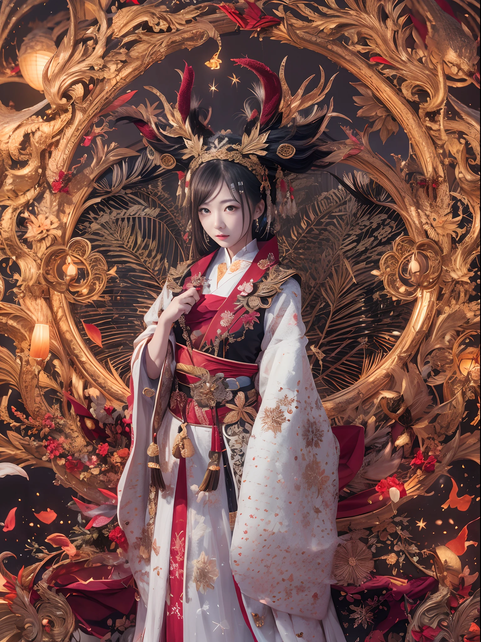 32K gradient glass texture(tmasterpiece,k hd,hyper HD,32K)Short burgundy hair,Short flowing hair,Onsen District,Flame Girl ,Yao Lang protector (realisticlying:1.4),Python pattern robe,Black gold master Kawashima work headdress,Snowflakes fluttering, high resolution, detailed, RAW photograph, Nikon D850 Film Stock Photo by Jefferies Lee 4 Kodak Portra 400 Camera F1.6 shots, Rich colors, ultra-realistic vivid textures, Dramatic lighting, Unreal Engine Art Station Trend, cinestir 800