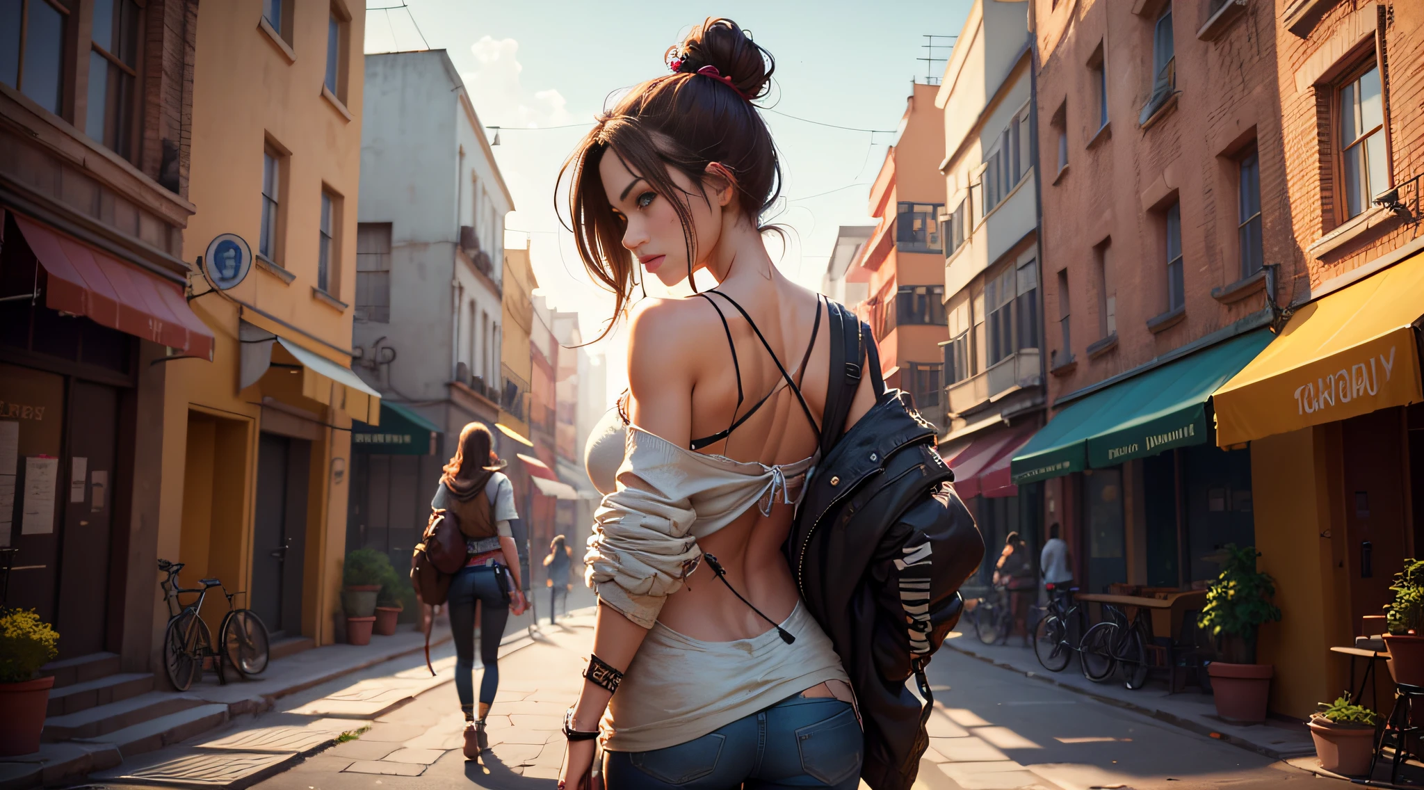 1 woman, brown hair, hair tied up, clothes a little torn, half of the body, from the back, adventurous, in a beautiful city, bright colors, realistic, gameplay of a game, highly detailed