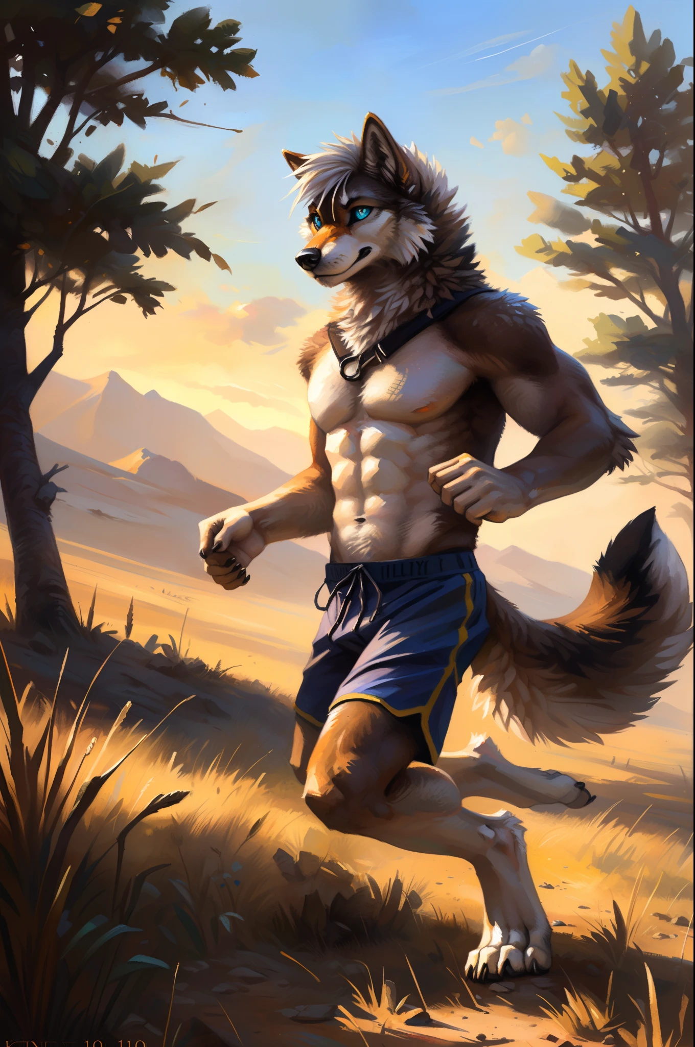 ((Solo)), male people, anthro wolf, (Multi-colored fur, White-brown:1.3), ((Wolf face, White hair, Big eyes, White eyelids, Blue pupil, Slim:1.2) (Tough, Calm expression:1.2)), Abs, Slim, pinging)), (Correct anatomy), (Work shorts:1.1), (Contour bone:1.2), The upper body is naked, (detailed outfits),A big tail,Feet,(Realistic fur, Detailed fur texture, labeled:1.3)), (Natural lighting), Photorealistic, Hyperrealistic, ultradetailed, by Kenket,Endless grasslands,No buildings,Running on