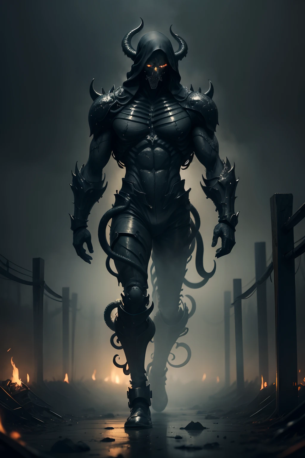 A man with tentacles of black smoke billowing from his body as he walks among bodies and skeletons in a plot of land shrouded in darkness and mist at his feet during a rainy night.