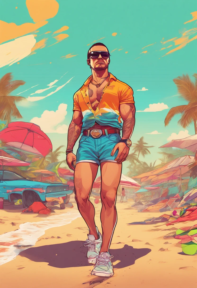 Masterpiece, Best Quality, suntanned skin, looking a viewer, sports clothing, leggins, walking on the beach , in sneakers, Simple background with logo, From Bottom, SUNGLASSES WITH BROKEN GLASSES, torn jeans