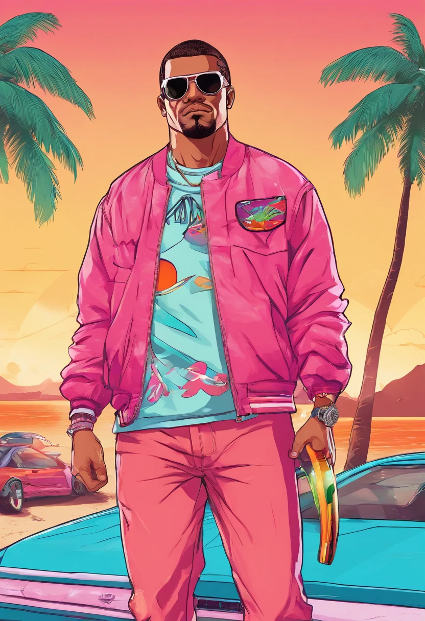 Masterpiece, Best Quality, suntanned skin, looking a viewer, sports clothing, leggins, walking on the beach , in sneakers, Simple background with logo, From Bottom, SUNGLASSES WITH BROKEN GLASSES, torn jeans
