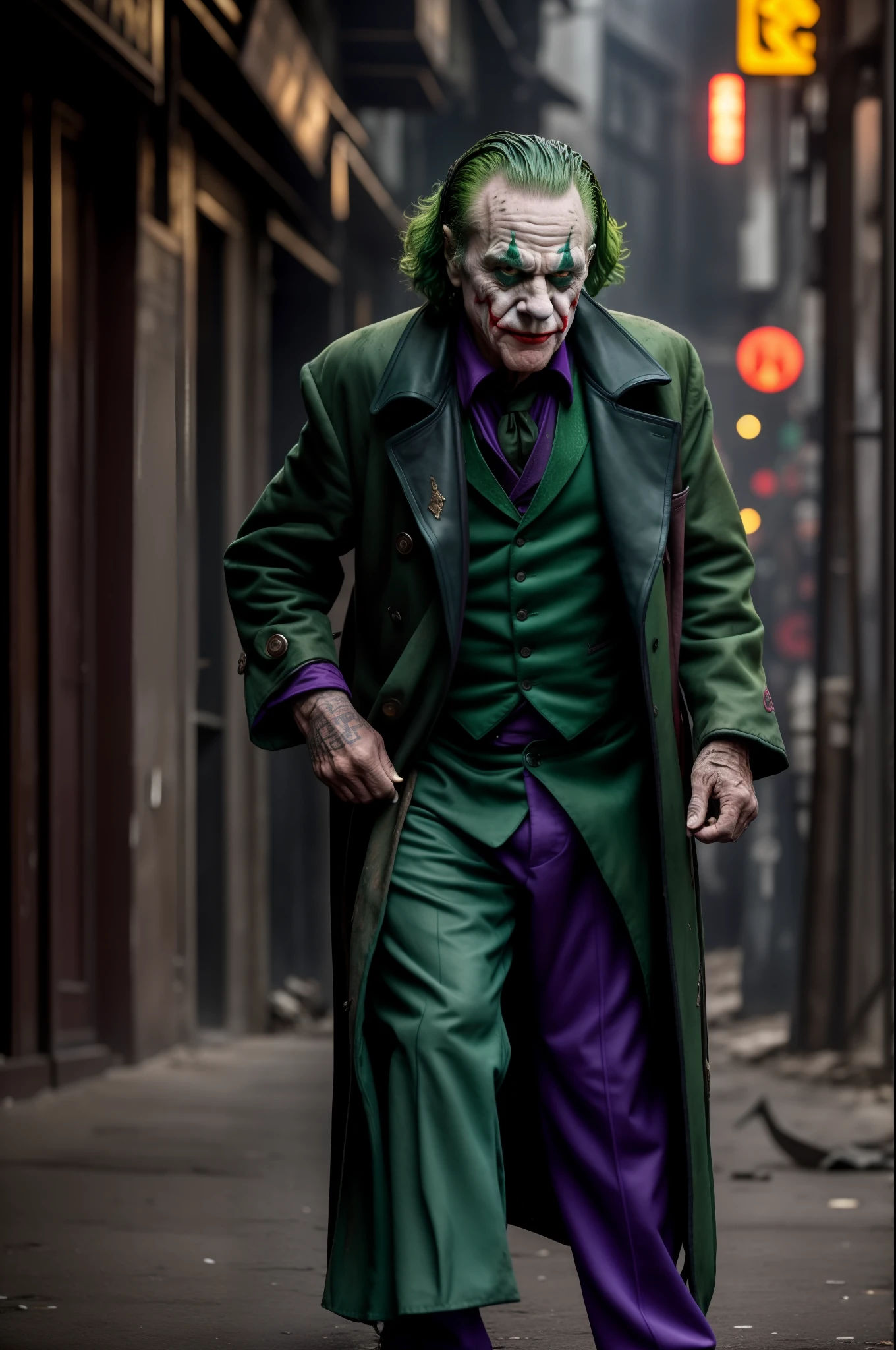 80-year-old Joker,like a beggar ,with a fierce expression， guffaw，Fitness ，The expression is fierce，Dirty green hair ,Fierce expression,full bodyesbian,kung fu pose，Tattered purple coat，Like a bum，Wandering the streets,very dirty poor,ripped clothing