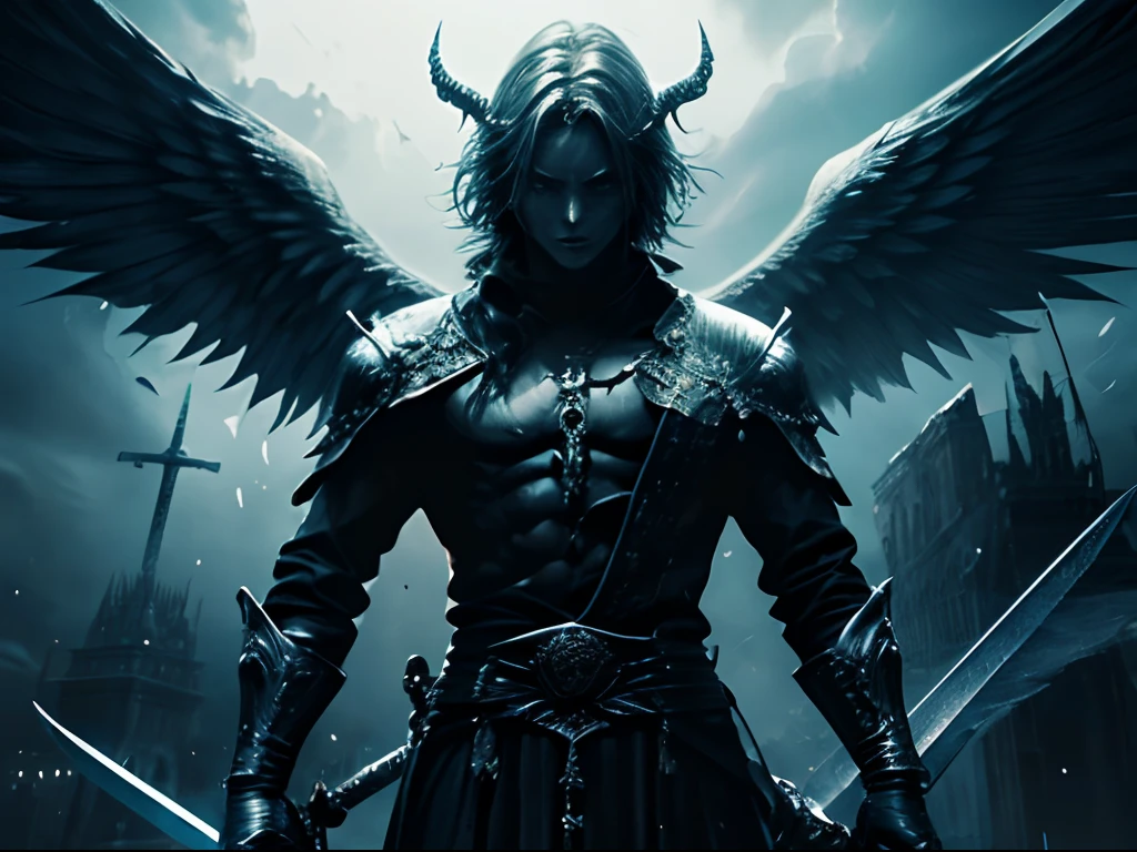 A battle between an angel and a demon、(The holy sword pierces the body of the devil、An angel stabs a demon with a holy sword)、1angel、1 Demon、(hightquality、high-level image quality)