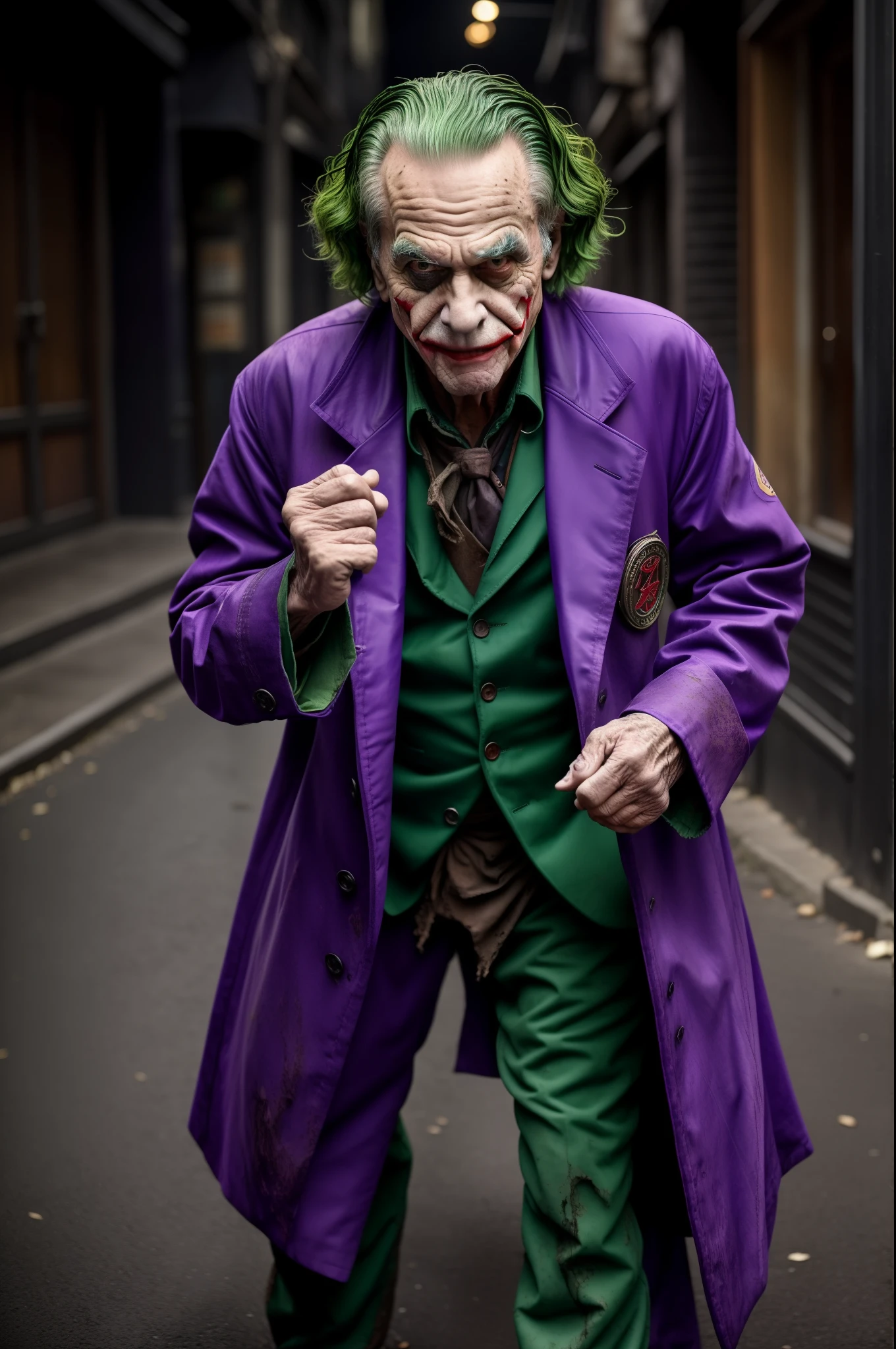 80-year-old Joker,like a beggar ,with a fierce expression, guffaw,Fitness ,The expression is fierce,Dirty green hair ,Fierce expression,full bodyesbian,kung fu pose,Tattered purple coat,Like a bum,Wandering the streets,very dirty poor,ripped clothing