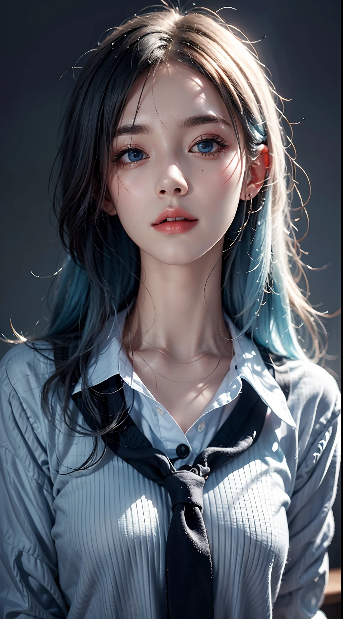 photography awards, masterpiece, blue hair, blue eyes, photorealistic, high resolution, soft light,1women, solo, shirt, school uniform, hips up