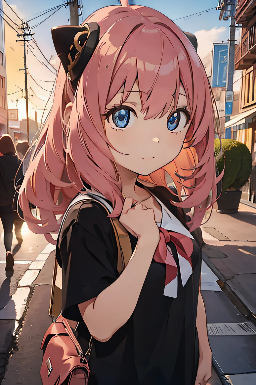 cute ******、1 girl in、Pink hair、(((((Anya)))))、((The whole picture))、realisitic、BREAK outdoors, city, BREAK looking at viewer, BREAK (masutepiece:1.2), Best Quality, High resolution, Unity 8k壁纸, (Illustration:0.8), (Beautiful detailed eyes:1.6), extra detailed face, Perfect Lighting, extremely details CG, (Perfect hands, Perfect Anatomy),