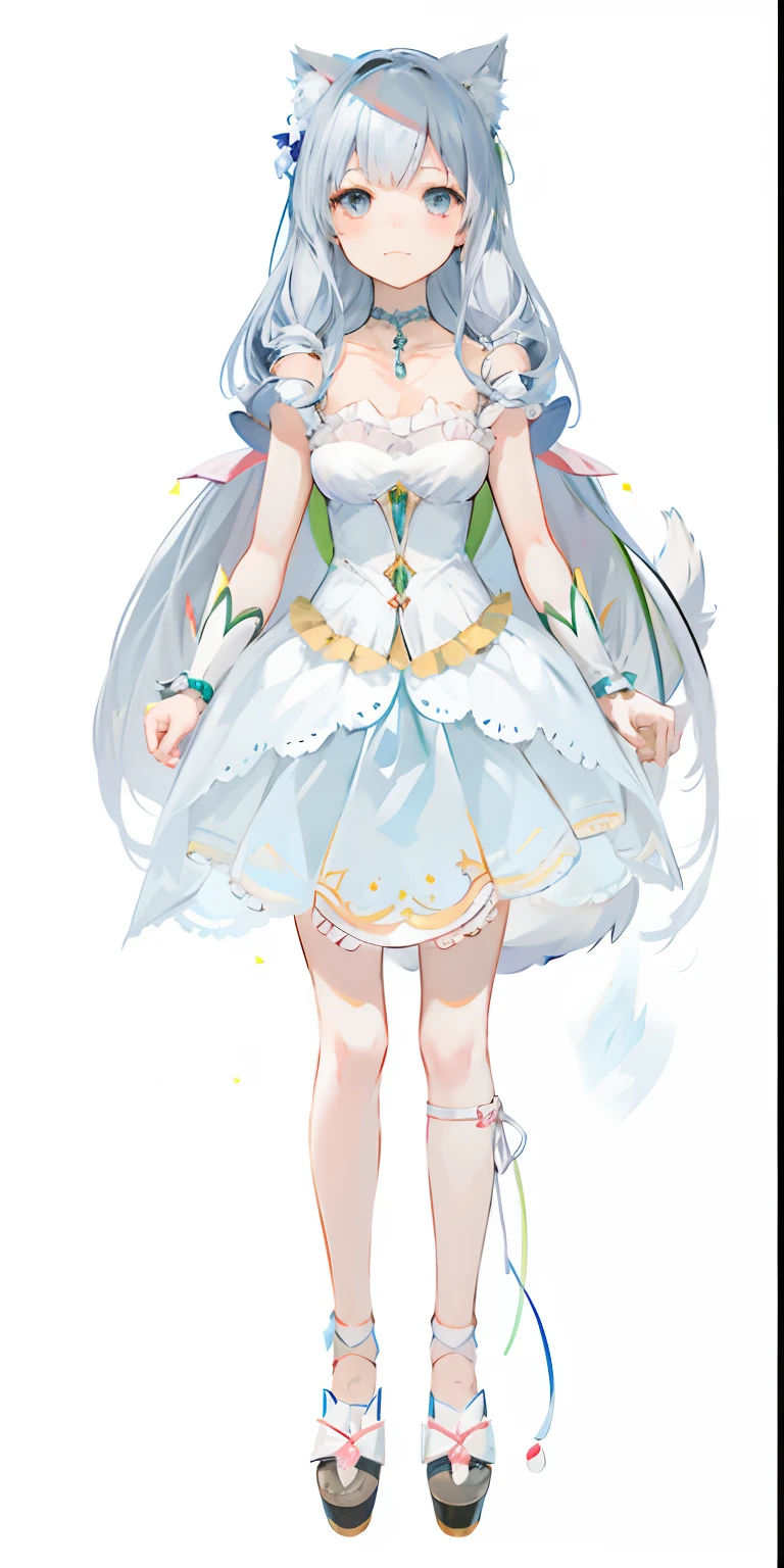 anime girl in a white dress with a cat ears and tail, art style of rune factory 5, cute anime waifu in a nice dress, full body adoptable, official character art, anime full body illustration, !!full body portrait!!, pretty anime character design, full portrait of elementalist, ( ( character concept art ) ), small curvy loli, loli in dress, in castle background