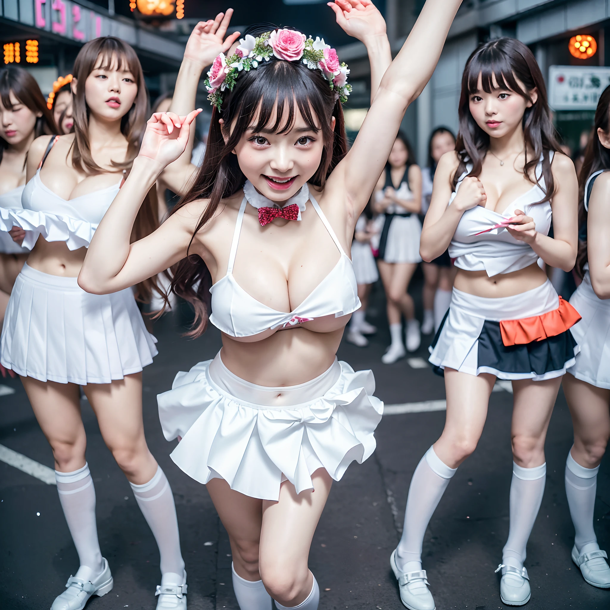 (SFW, 12 Tiny Girls:1.2, Shibuya Hachiko-mae scramble crossing on Halloween:1.2), (masterpiece:1.2, best quality, photorealistic:1.37), {(Standing Full Body:1.2)|(from below:1.2)}, short silver hair, {School Uniform|naked bandage|tutu}, (Detailed KAWAII face, Detailed Oily Porcelain skin), (Passerby schoolgirls), {(Childish:1.2|Gigantic Cleavage:1.37|Underboob:1.2)}, {flower wreath|Red leather high collar}, {Floating hair|Strong wind|Ass focus},{:p|:d|laugh|sparkle|joyful|delighted},