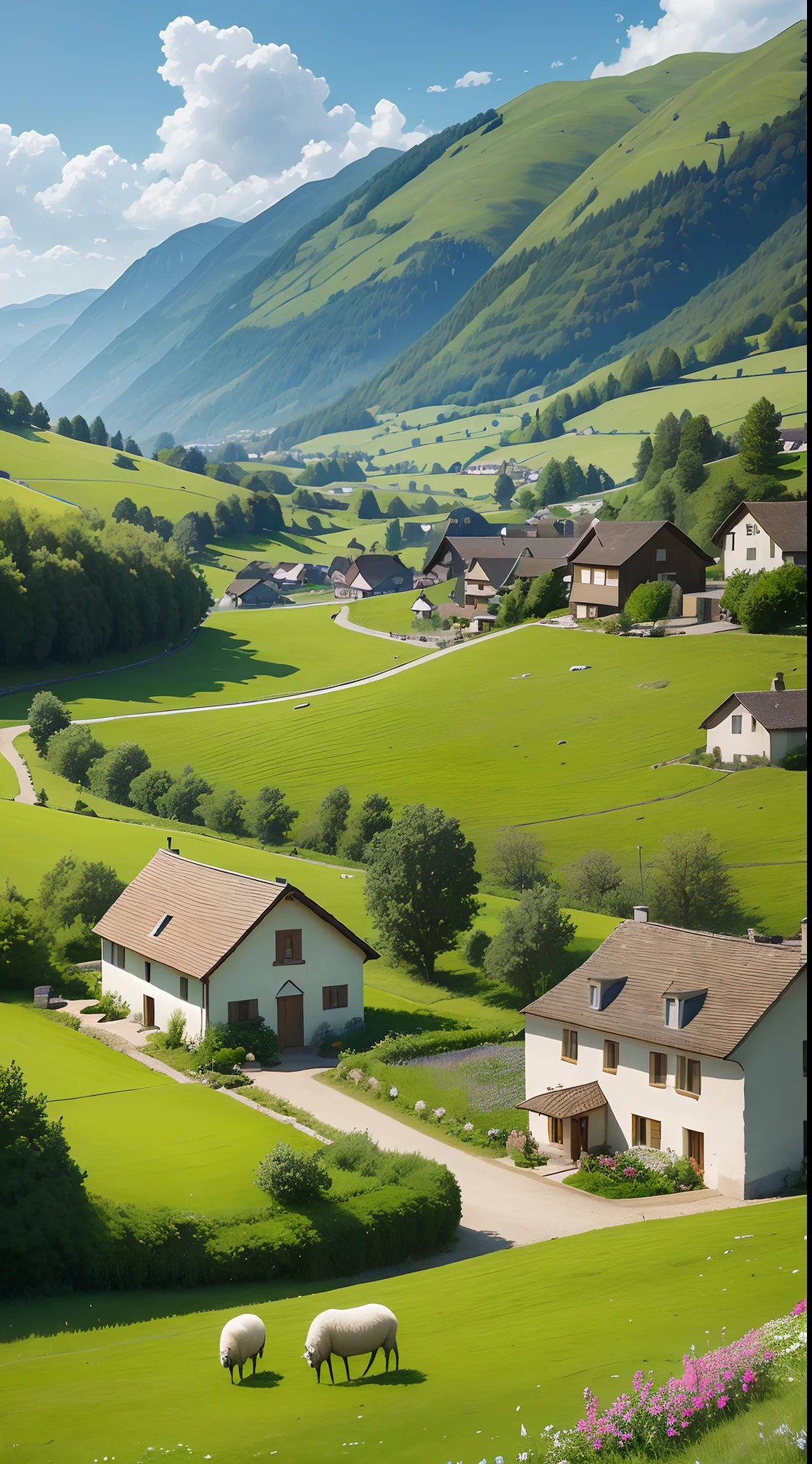 Peaceful and idyllic countryside, Rolling green hills dotted with grazing sheep, Charming house,Set amidst vibrant flowers, Clear blue sky overhead, Evokes a sense of peace and simplicity, Valle encantador, switzerland, patches of green fields, lush countryside, Valle exuberante,Swiss villages,verdant green fields,above a village,Rolling terraces