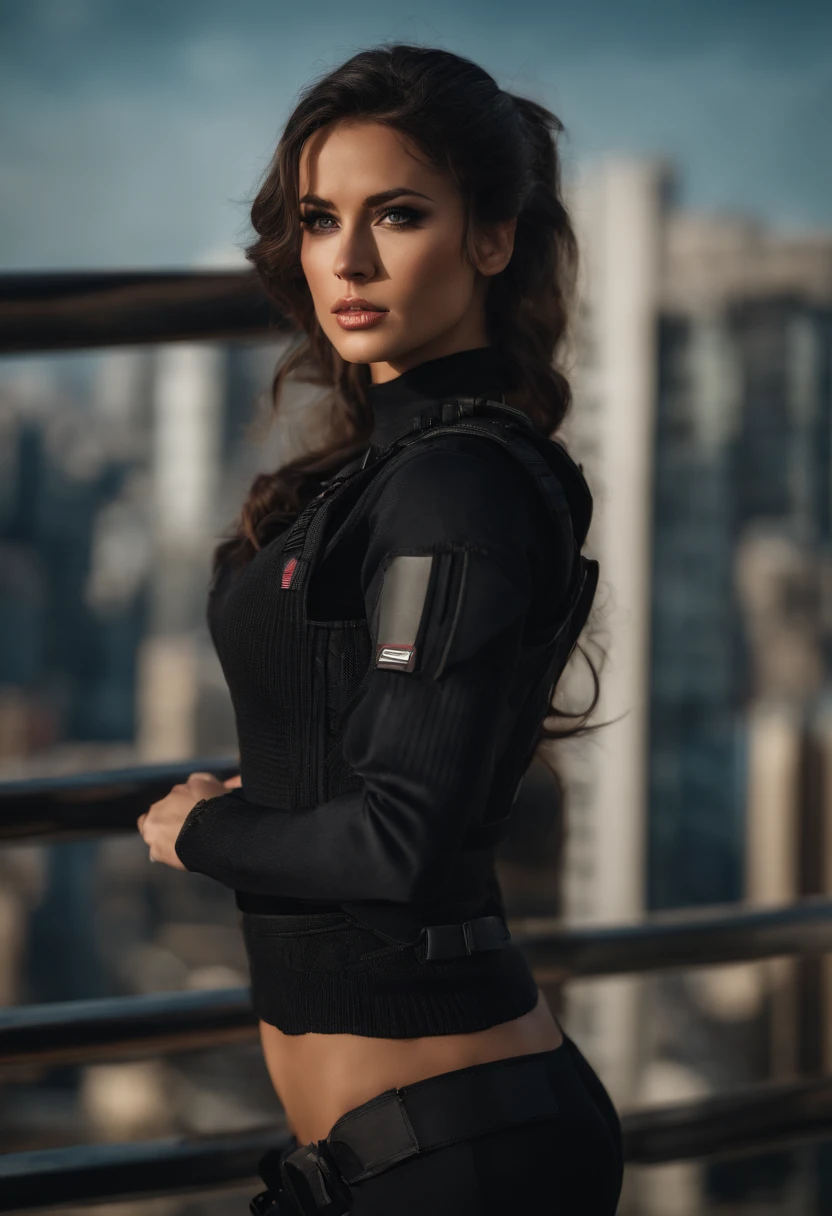 1girl, looks like Whitney Johns, solo, long hair, revealing black ops tactical vest, large breasts, fit body, looking at viewer, tokyo street background, black hair, two side up, turtleneck, blue eyes, lips, closed mouth, ribbon, hair ribbon, bangs, full body, 6 pack abs, parted bangs, black ribbon, ribbed sweater, twintails, nose, sexy features