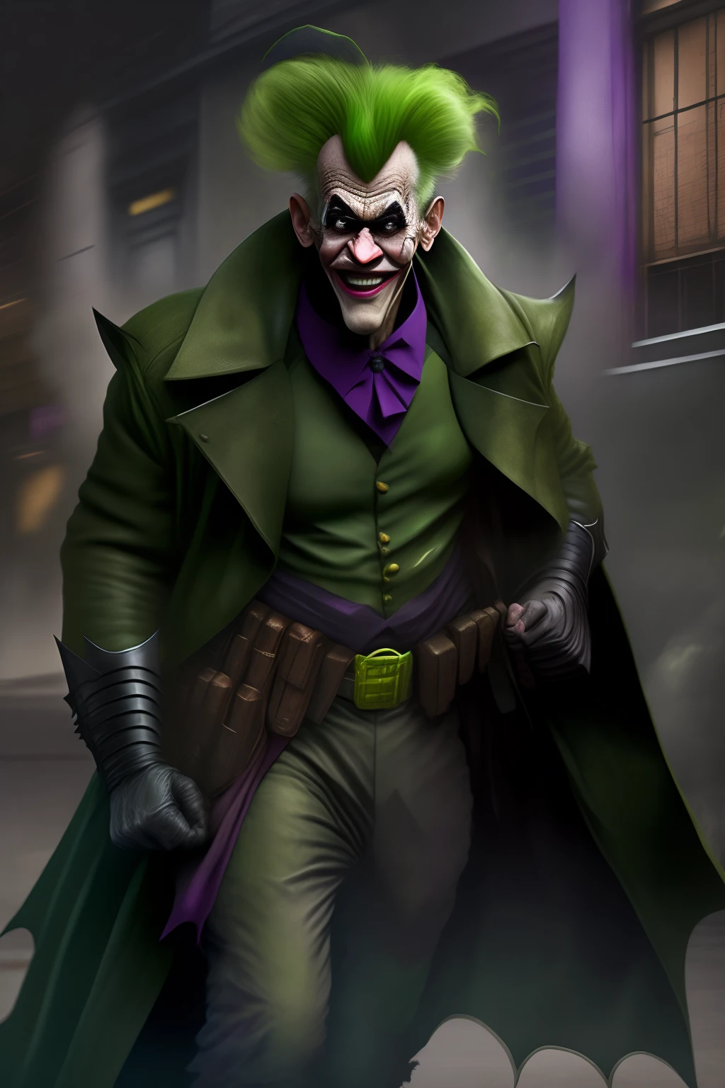 batman comics concept,80-year-old clown beggar with a fierce expression, guffaw,Fitness ,The expression is fierce,Dirty green hair ,Fierce expression,full bodyesbian,kung fu pose,Tattered purple coat,Like a bum,Wandering the streets,very dirty poor,ripped clothing