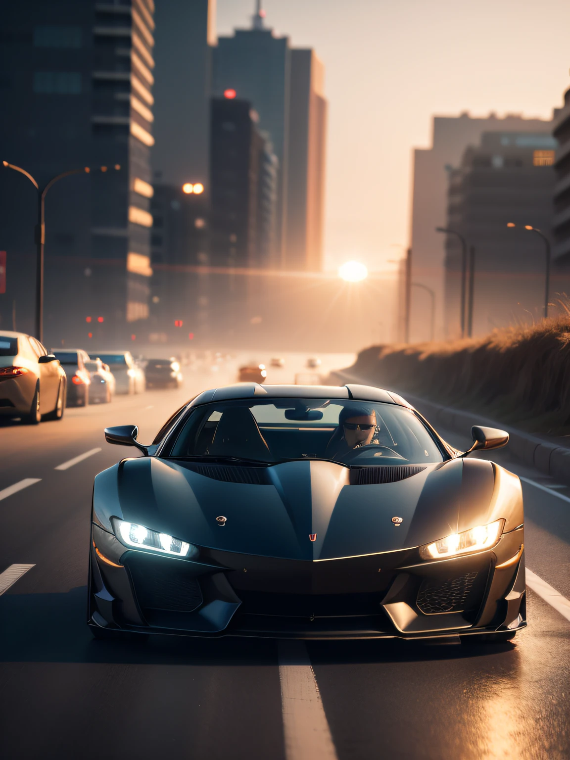 photo of a supercar, 8k uhd, high quality, road, sunset, motion blur, depth blur, cinematic, filmic image 4k, 8k with [George Miller's Mad Max style]. The image should be [ultra-realistic], with [high-resolution] captured in [natural light]. The lighting should create [soft shadows] and showcase the [raw] and [vibrant colors], volumetric dtx, depth blur, blurry background, bokeh, (motion blur:1.001)