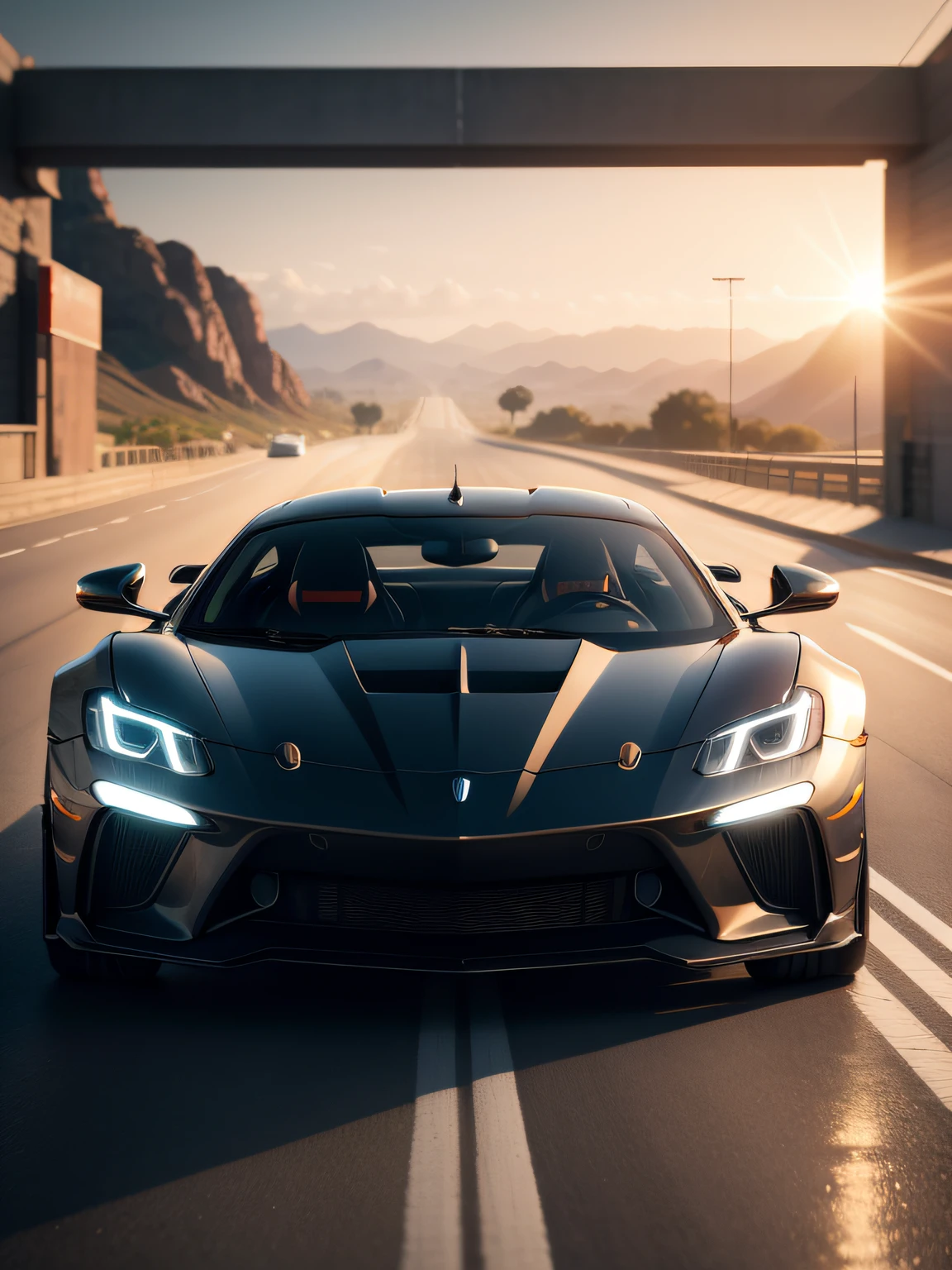 photo of a supercar, 8k uhd, high quality, road, sunset, motion blur, depth blur, cinematic, filmic image 4k, 8k with [George Miller's Mad Max style]. The image should be [ultra-realistic], with [high-resolution] captured in [natural light]. The lighting should create [soft shadows] and showcase the [raw] and [vibrant colors], volumetric dtx, depth blur, blurry background, bokeh, (motion blur:1.001)