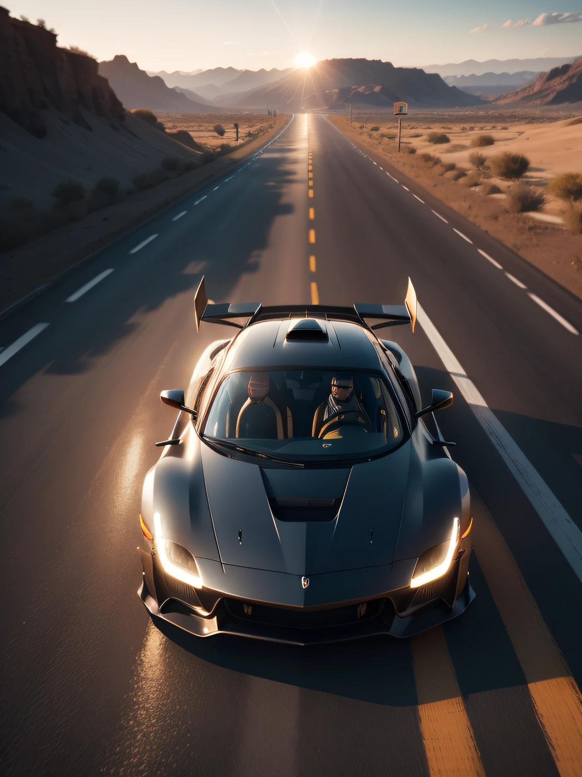 photo of a supercar, 8k uhd, high quality, road, sunset, motion blur, depth blur, cinematic, filmic image 4k, 8k with [George Miller's Mad Max style]. The image should be [ultra-realistic], with [high-resolution] captured in [natural light]. The lighting should create [soft shadows] and showcase the [raw] and [vibrant colors], volumetric dtx, depth blur, blurry background, bokeh, (motion blur:1.001)