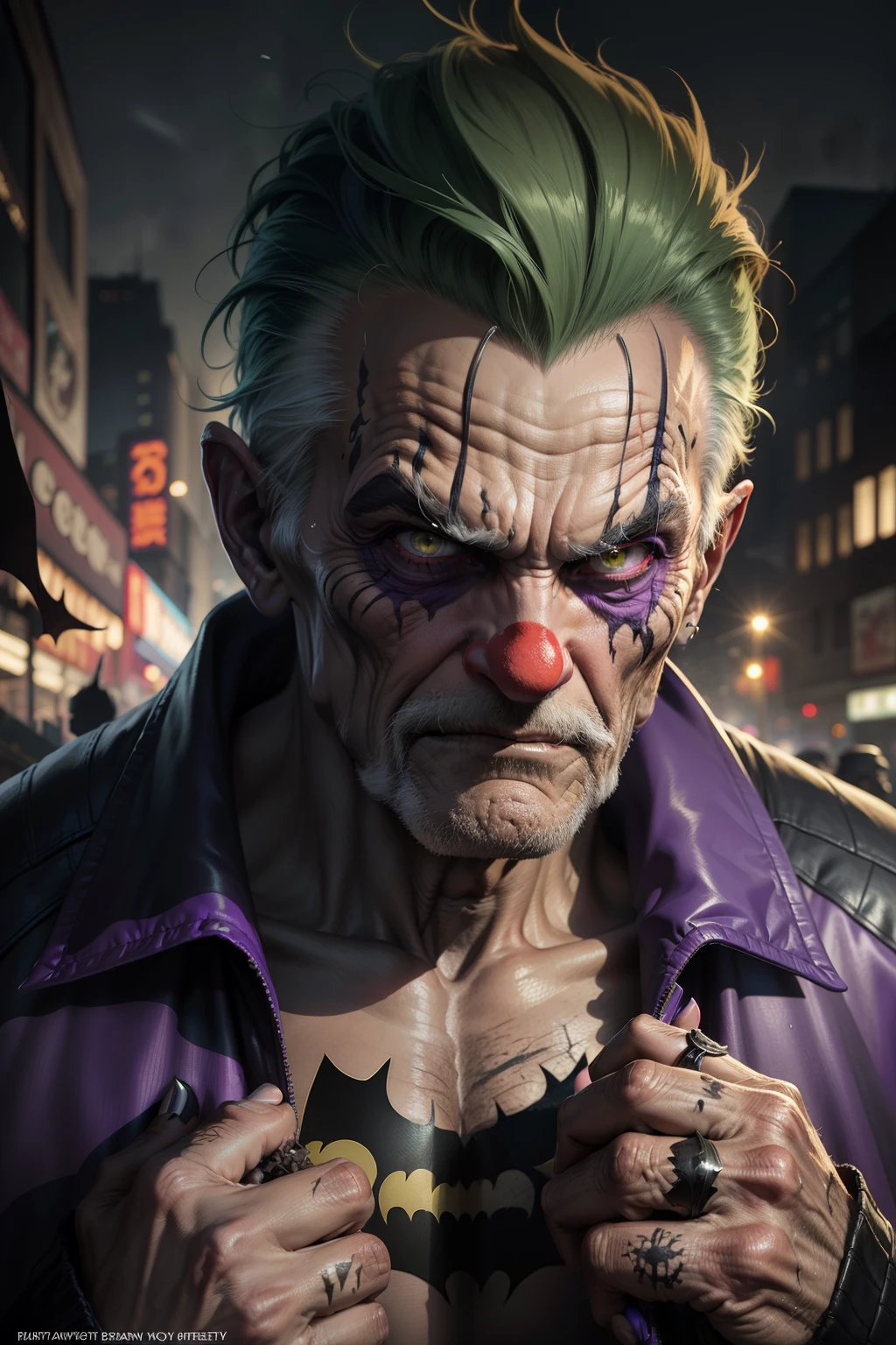 batman comics concept,80-year-old clown beggar with a fierce expression, guffaw,Fitness ,The expression is fierce,Dirty green hair ,Fierce expression,full bodyesbian,kung fu pose,Tattered purple coat,Like a bum,Wandering the streets,very dirty poor,ripped clothing