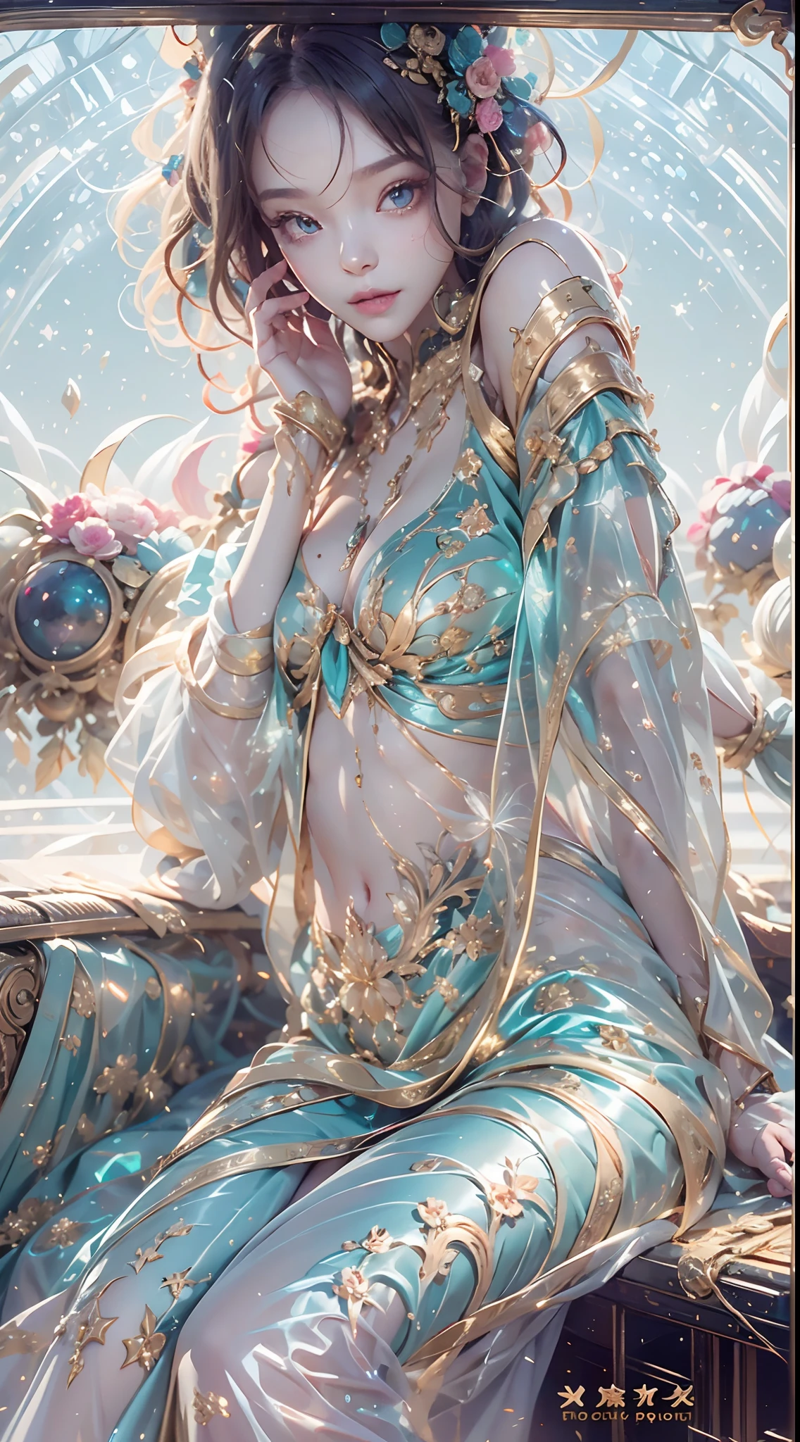 1girll,(enchanced quality:1.4),(Top quality true texture skin), Delicate face,Black hair, Gradient hair, Petite body,(perfect bodies:1.1), There are precious stones on the forehead, rimless eyewears, Sparkling pupils,long eyelasher,grin, hyper photorealism, Cinematic lighting, projected inset, surrealism, hyper HD, Masterpiece, 16k,Lie down,dream on,Wear transparent silk pajamas,Carmelto,Legs slightly open,Tattooed with,Fantasy space,Luxurious space
