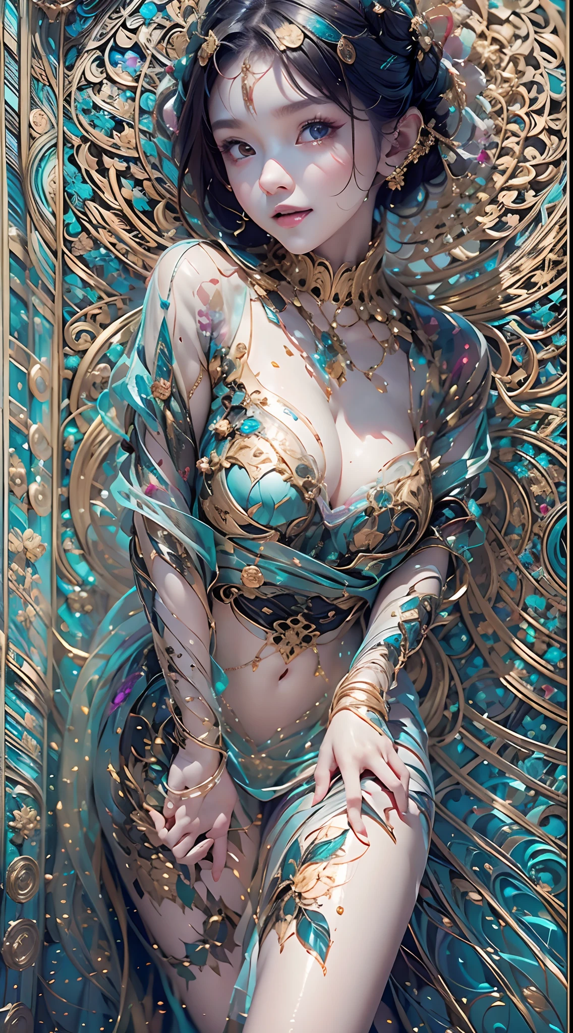 1girll,（enchanced quality：1.4），（Top quality true texture skin), Delicate face,Black hair, Gradient hair, Petite body,（perfect bodies：1.1）, There are precious stones on the forehead, rimless eyewears, Sparkling pupils，long eyelasher,grin, hyper photorealism, Cinematic lighting, projected inset, surrealism, hyper HD, Masterpiece, 16k，Lie down，dream on，Wear transparent silk pajamas,Carmelto,Legs slightly open，Tattooed with，Fantasy space，Luxurious space
