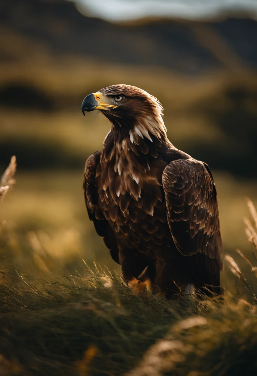 There is an eagle flying in the grass with a rock in the background, Uma foto de Derek Zabrocki, Unsplash, Arte Digital,