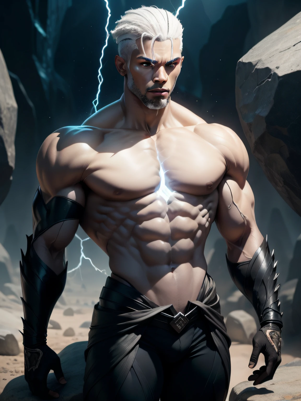 black humanoid made of rock, upper body, barechested, male, ((masterpiece, best quality)), cracked skin, white electricity coming through cracks, muscular male, (dragonborn:0.6), white hair outdoors, detailed background depth of field