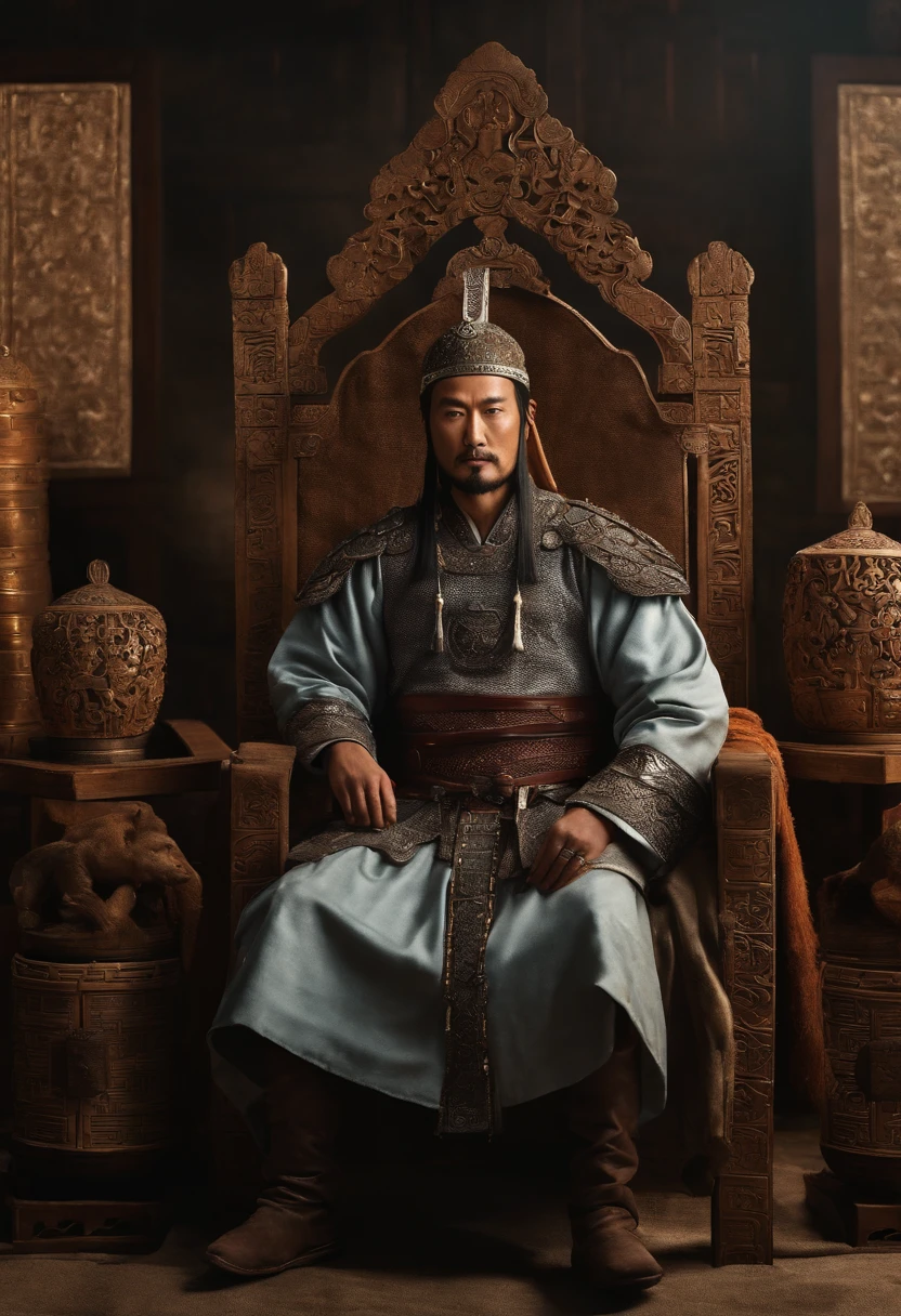 Imagem de um homem em uma coroa sentado em uma mesa com outras pessoas, uma imagem inspirada em Wu Bin, trend in cg society, Dau-al-Set, from three kingdoms, chinese three kingdoms, Foto de Genghis Khan, ainda de um filme de fantasia, Gengis Khan, mongol, three kingdoms, history drama, three kingdom
