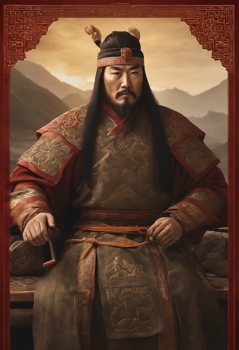 Imagem de um homem em uma coroa sentado em uma mesa com outras pessoas, uma imagem inspirada em Wu Bin, trend in cg society, Dau-al-Set, from three kingdoms, chinese three kingdoms, Foto de Genghis Khan, ainda de um filme de fantasia, Gengis Khan, mongol, three kingdoms, history drama, three kingdom