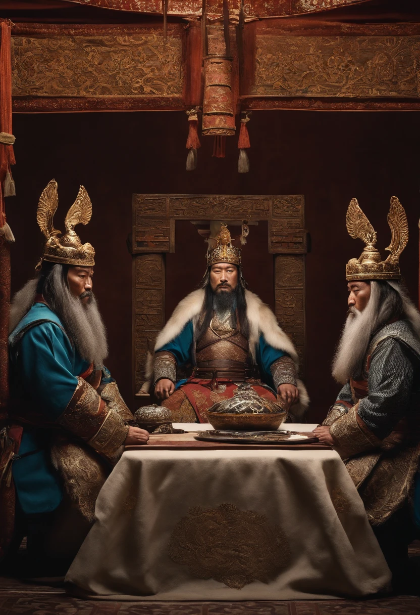 Imagem de um homem em uma coroa sentado em uma mesa com outras pessoas, uma imagem inspirada em Wu Bin, trend in cg society, Dau-al-Set, from three kingdoms, chinese three kingdoms, Foto de Genghis Khan, ainda de um filme de fantasia, Gengis Khan, mongol, three kingdoms, history drama, three kingdom