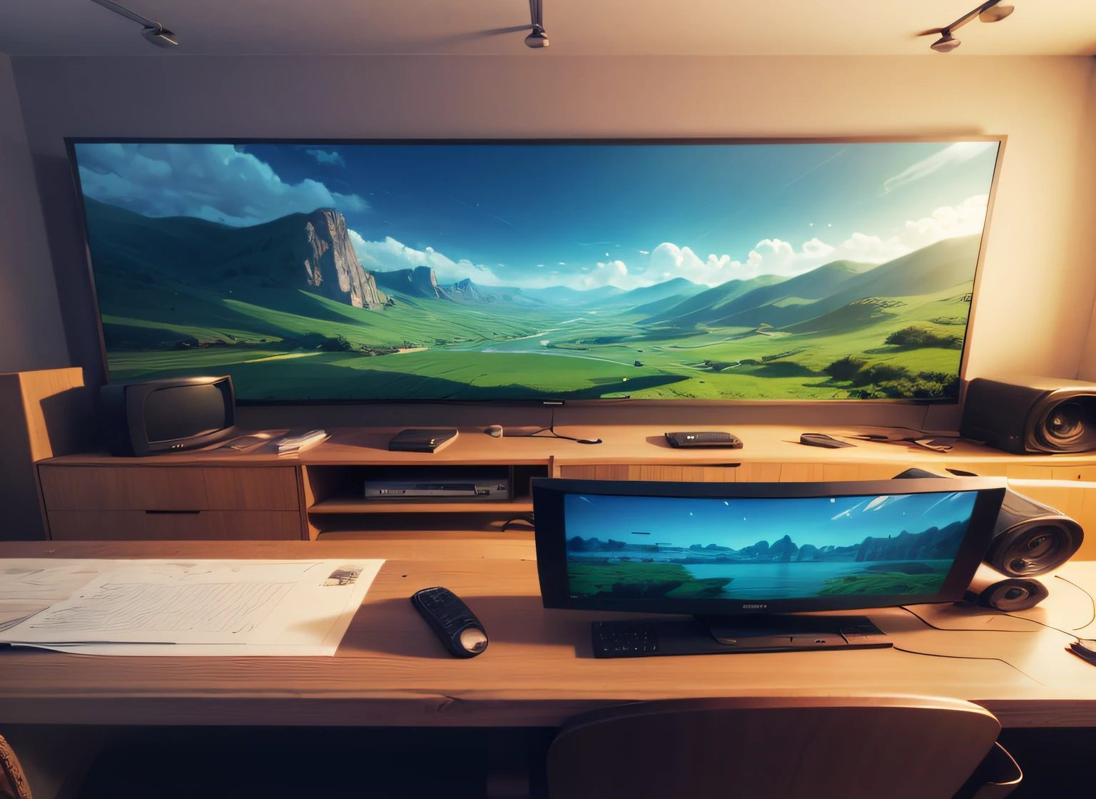 background para desenho animado; a table with multiple TV monitors on top; scenery for animation