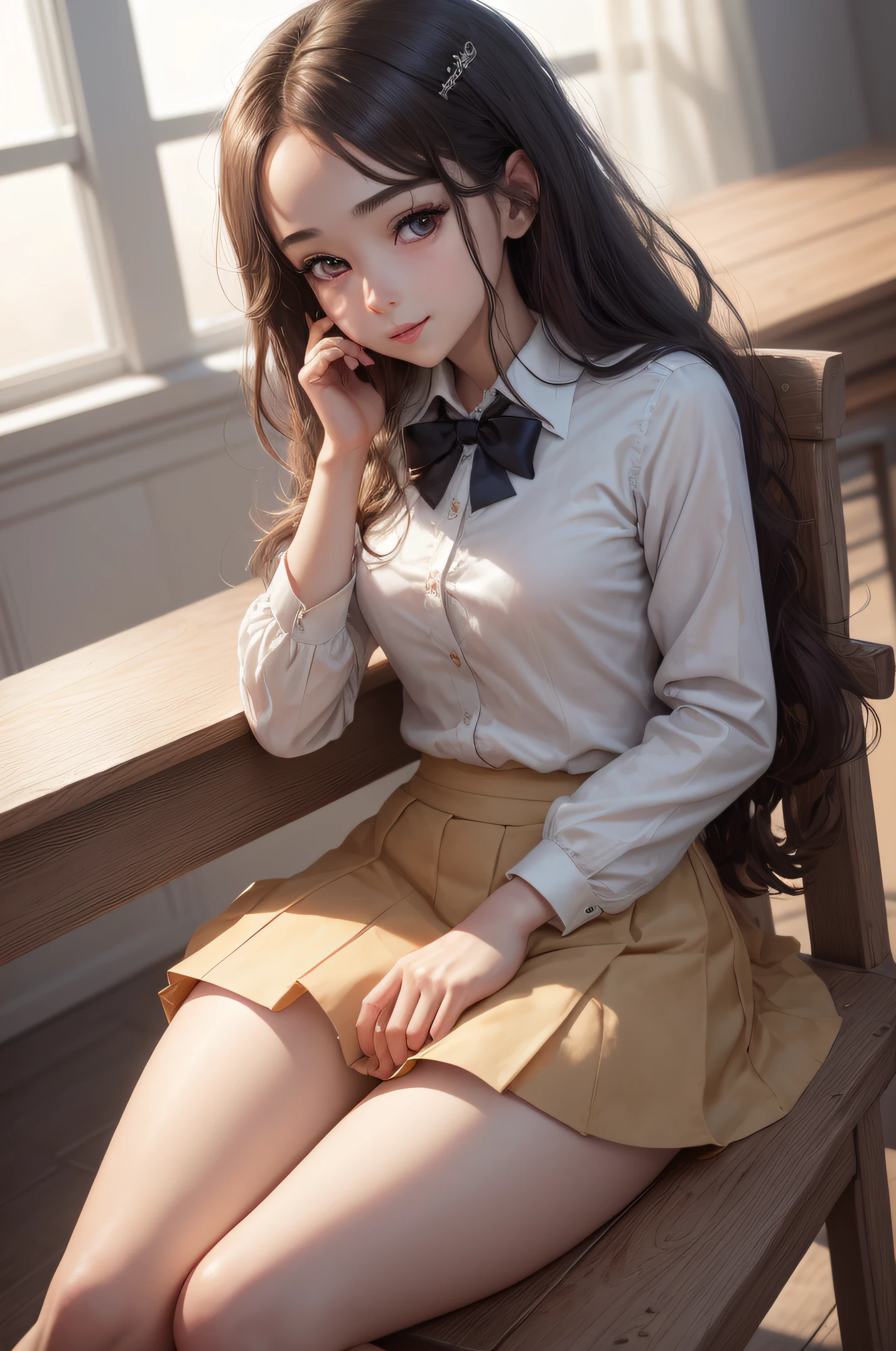 A girl in a school uniform sits at a school desk, Girl at school, Flirting, The girl put her hand on the table, (side-view), short skirt, white blouse, little chest, Miniature figure, model figure, Slim waist, confusion, sexuality, Cute beautiful anime woman, detailed digital anime art, beautiful anime girl, beautiful anime girl, Anime with small details, Best Quality, Masterpiece, Ultra-detailed, Beautiful, hight resolution, Original,CG 8K ультрареалистичный, perfect artwork, beatiful face, Face Clean, Skin, hyper realistic, Ultra Detailed, A detailed eye, dramatic  lighting, (Realistic) Realistic, Full HD, Best Quality, Best Quality, Beautiful lighting, (8k wallpaper of extremely detailed CG unit), High Details, sharp-focus, The art of dramatic and photorealistic painting, beautiful smile, pectorals, little chest, microskirt, tinyskirt, ((SFW)), erotical,