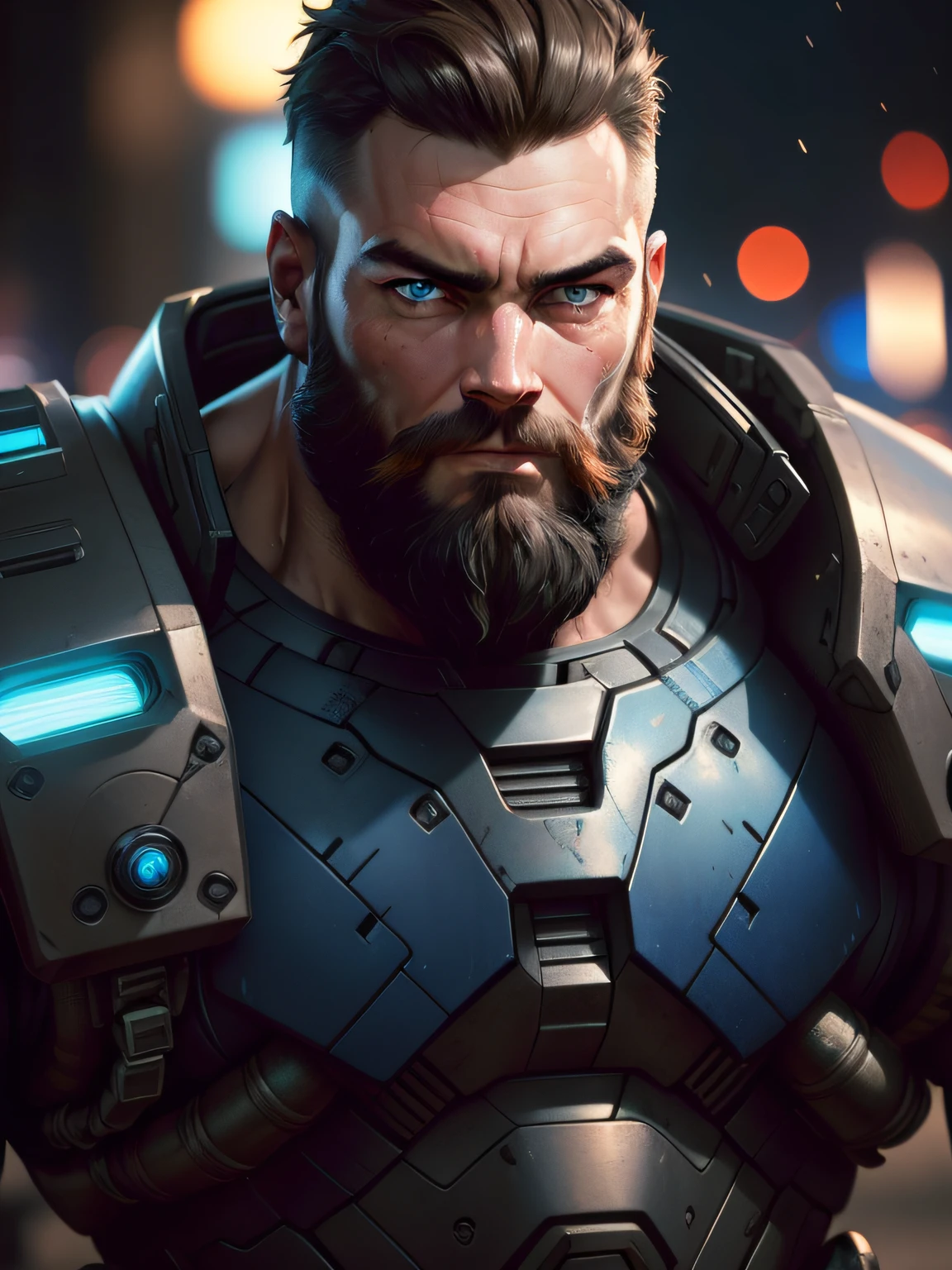 Portrait photo of muscular bearded guy in a worn mech suit, ((light bokeh)), intricate, (steel metal [rust]), elegant, sharp focus, photo by greg rutkowski, soft lighting, vibrant colors, (masterpiece), ((streets)), (detailed face:1.2), (glowing blue eyes:1.1)