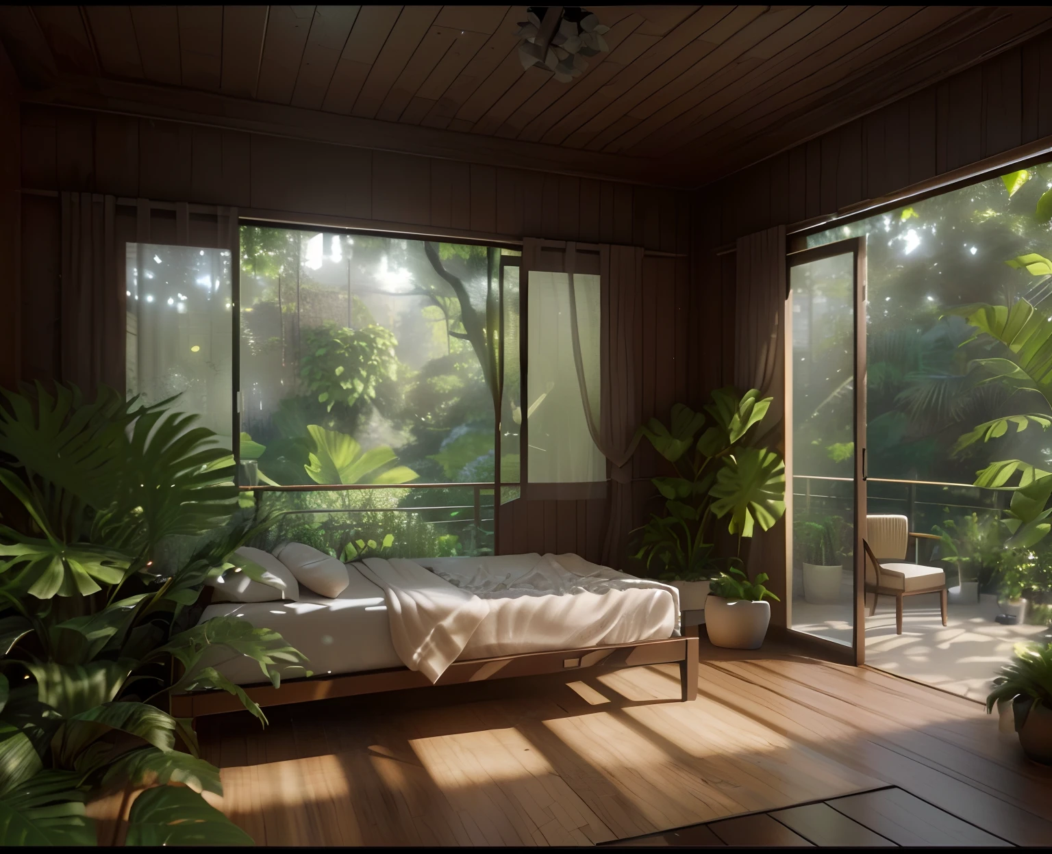 there is a bed in a room with a lot of plants, natural realistic render, super realistic render vray, unreal engine realistic render, archviz, v - ray, v-ray, vray rendered, 8k vray render, architectural visualization, realistic physical rendering, 3d unreal engine render, 3 d unreal engine render, render vray