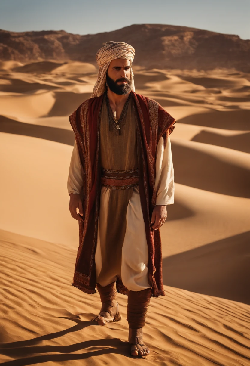 Young man with beard standing in desert area, rei de israel vestidos em 36864K filmes, Ainda do filme live action, cenas de filmes live-action, 16384k filme, still image from tv series, cinematic Film still from, film still image, portrait of bedouin d&d, cena maravilhosa