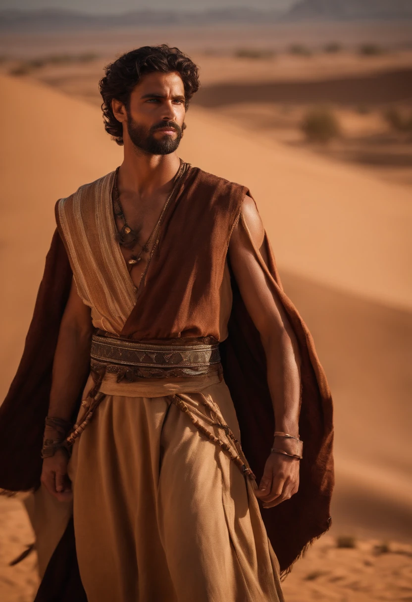 Young man with beard standing in desert area, rei de israel vestidos em 36864K filmes, Ainda do filme live action, cenas de filmes live-action, 16384k filme, still image from tv series, cinematic Film still from, film still image, portrait of bedouin d&d, cena maravilhosa