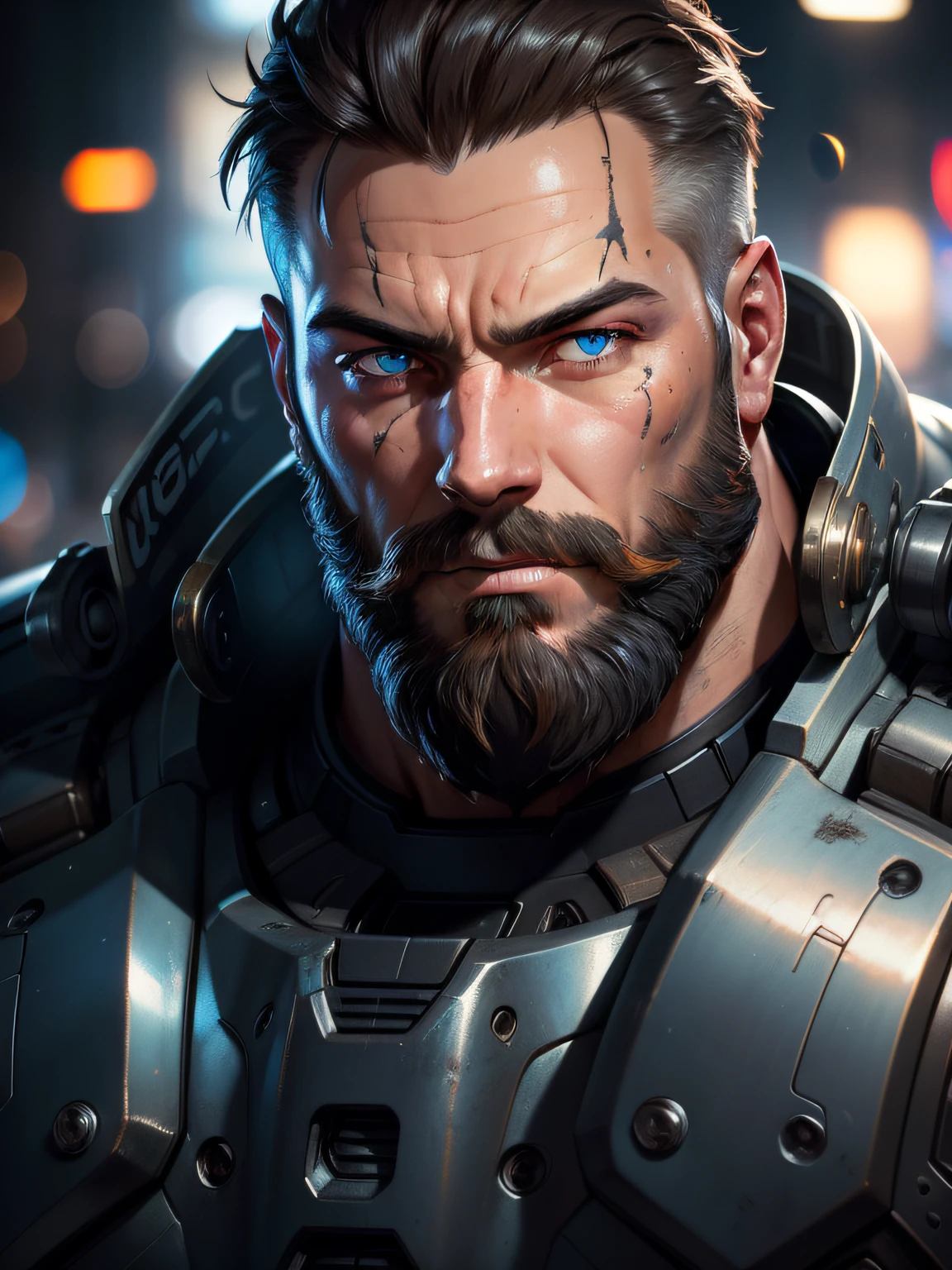 Portrait photo of muscular bearded guy in a worn mech suit, ((light bokeh)), intricate, (steel metal [rust]), elegant, sharp focus, photo by greg rutkowski, soft lighting, vibrant colors, (masterpiece), ((streets)), (detailed face:1.2), (glowing blue eyes:1.1)