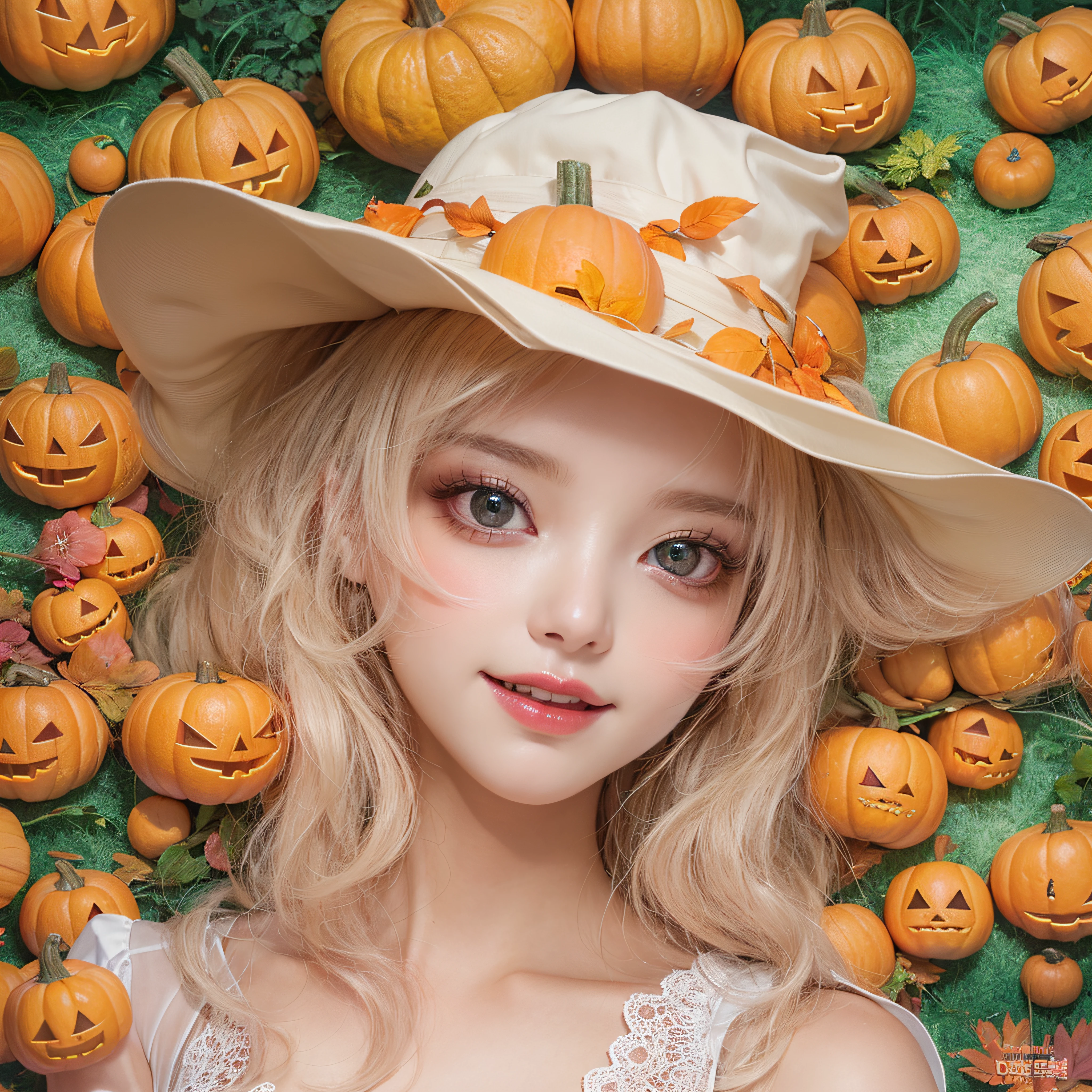Halloween Hat、close-up of the smile face、close-up of the smile face、Halloween Designer、Halloween Supermodel、makeup、Glossy lips、Shining eyes、(realisitic、hight resolution)、(1 girl in)、Do-Up Eye、Korean Girl、(Best Quality), (masutepiece), (1girl in), Solo, a beauty girl, Perfect face, Highly detailed airbrush art((Surreal))、Volumetric lighting、(top-quality)、The ultra-detailliert、Highly detailed colorful details、(Bright lighting)、dynamic compositions、ultra-detailliert、nffsw、Her eyes are glowing pink、Background Halloween、pumpkins、