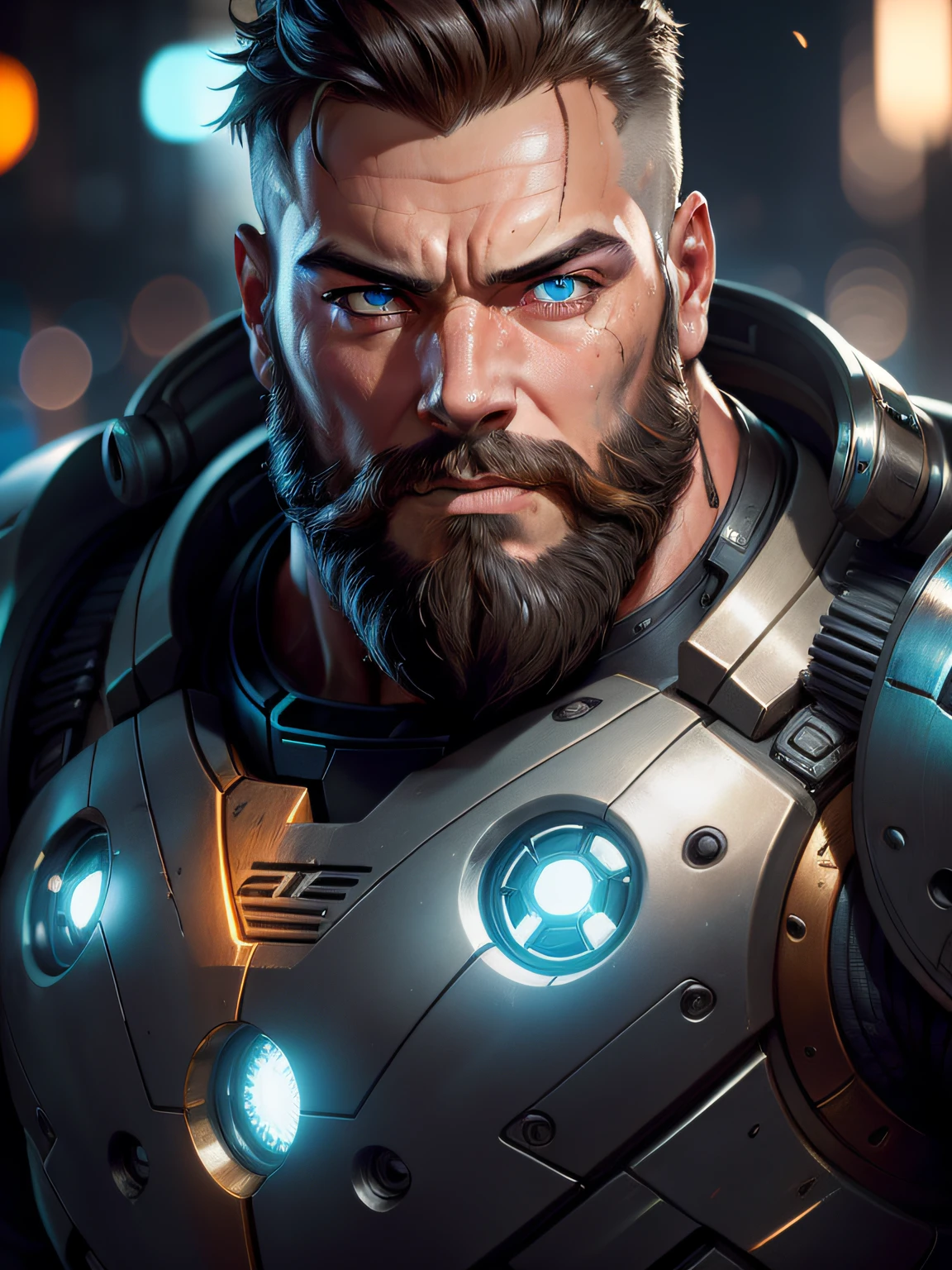 Portrait photo of muscular bearded guy in a worn mech suit, ((light bokeh)), intricate, (steel metal [rust]), elegant, sharp focus, photo by greg rutkowski, soft lighting, vibrant colors, (masterpiece), ((streets)), (detailed face:1.2), (glowing blue eyes:1.1)