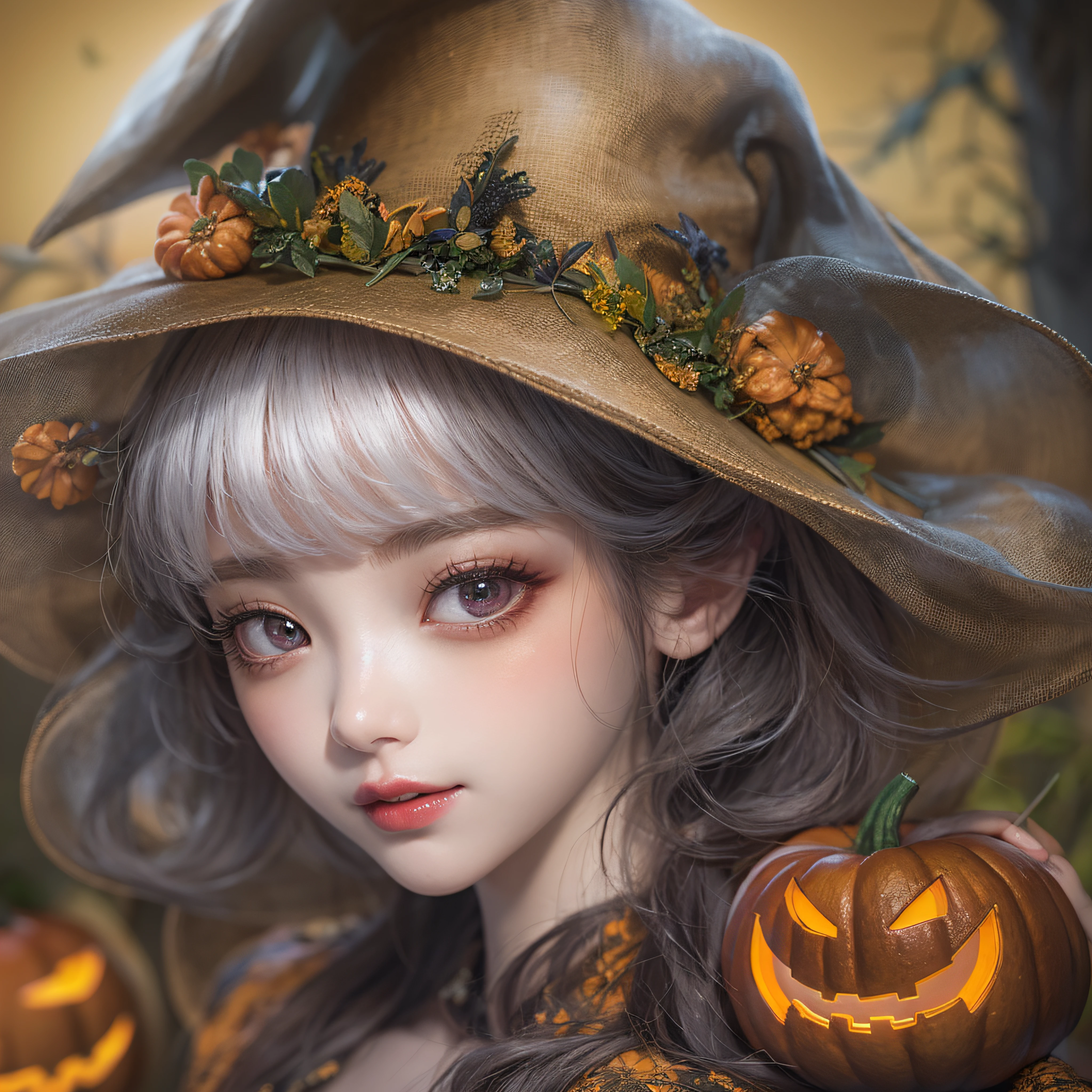 Halloween Hat、close-up of the smile face、close-up of the smile face、Halloween Designer、Halloween Supermodel、makeup、Glossy lips、Shining eyes、(realisitic、hight resolution)、(1 girl in)、Do-Up Eye、Korean Girl、(Best Quality), (masutepiece), (1girl in), Solo, a beauty girl, Perfect face, Highly detailed airbrush art((Surreal))、Volumetric lighting、(top-quality)、The ultra-detailliert、Highly detailed colorful details、(Bright lighting)、dynamic compositions、ultra-detailliert、nffsw、Her eyes are glowing pink、Background Halloween、pumpkins、