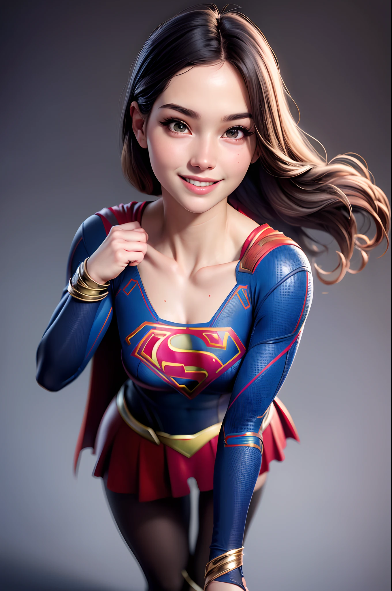 ((super girl)), (((Supergirl Costumes))), Portrait photography by Art Germ, realism style, Lustrous skin, The main character of the cartoon, Natural light, tight lips, Strong body, Feminine body, full length, viewer, (Smile:1.2), Depth of field f/1.8, studio shot, (((looking in camera))), looking in camera, ((( Camera Eye))) , ellen von unwerth, (Sexy Pose:1.5),