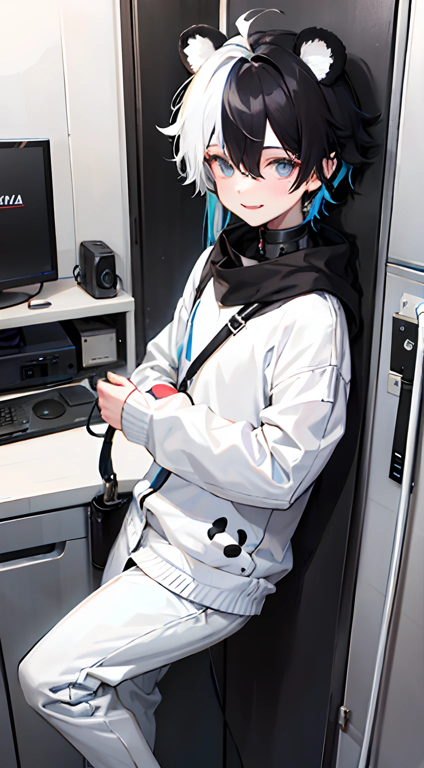One Boy, cute smile, Blue eyes,hair black mixed white messy,White Techware long big black mixed white long colored sweater,tear drop,Viewer's Eye Line,Black skinny pants,Panda ears, cyberpunked, is standing cool pose, baby-face, cute little, with bamboo sword