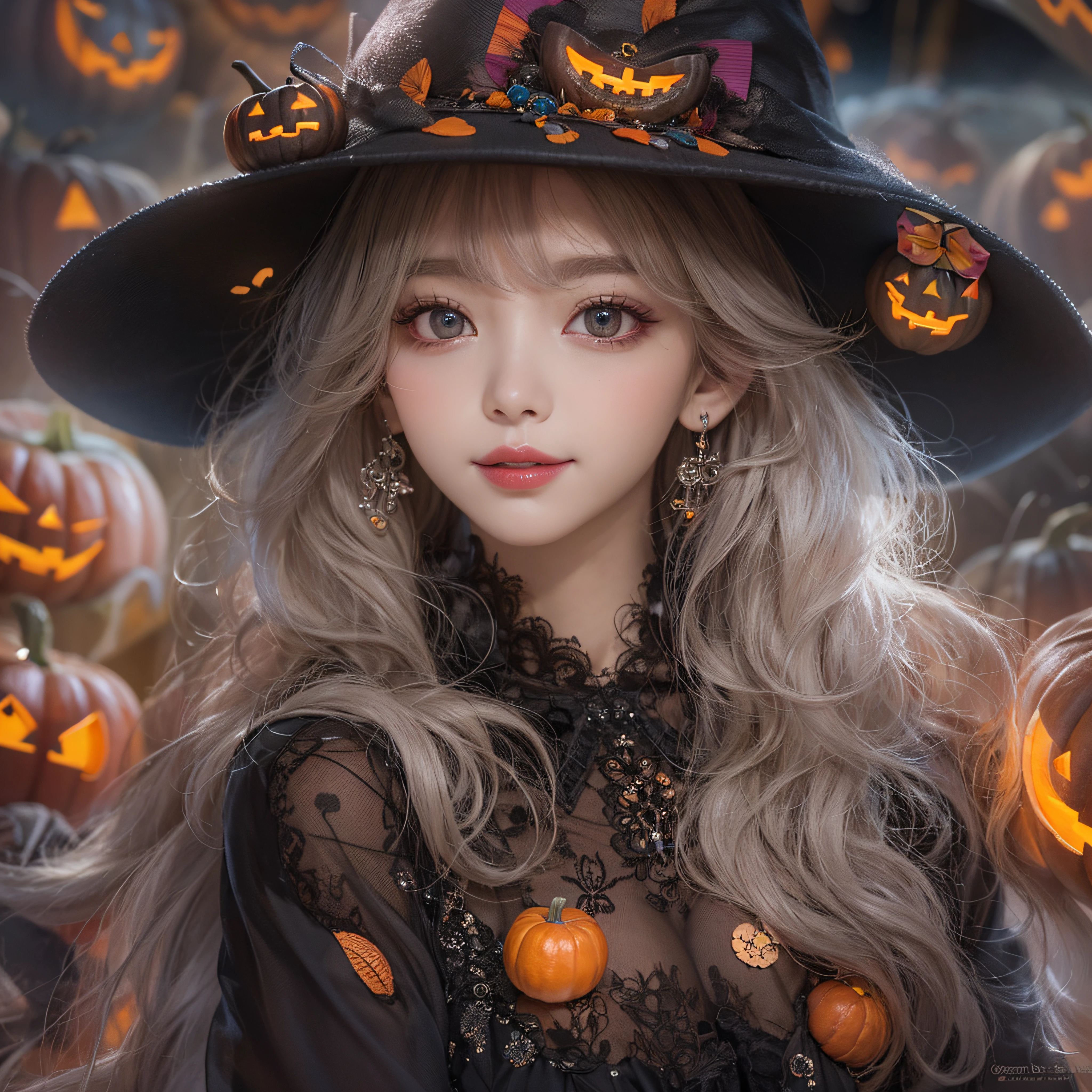 Halloween Hat、close-up of the smile face、close-up of the smile face、Halloween Designer、Halloween Supermodel、makeup、Glossy lips、Shining eyes、(realisitic、hight resolution)、(1 girl in)、Do-Up Eye、Korean Girl、(Best Quality), (masutepiece), (1girl in), Solo, a beauty girl, Perfect face, Highly detailed airbrush art((Surreal))、Volumetric lighting、(top-quality)、The ultra-detailliert、Highly detailed colorful details、(Bright lighting)、dynamic compositions、ultra-detailliert、nffsw、Her eyes are glowing pink、Background Halloween、pumpkins、