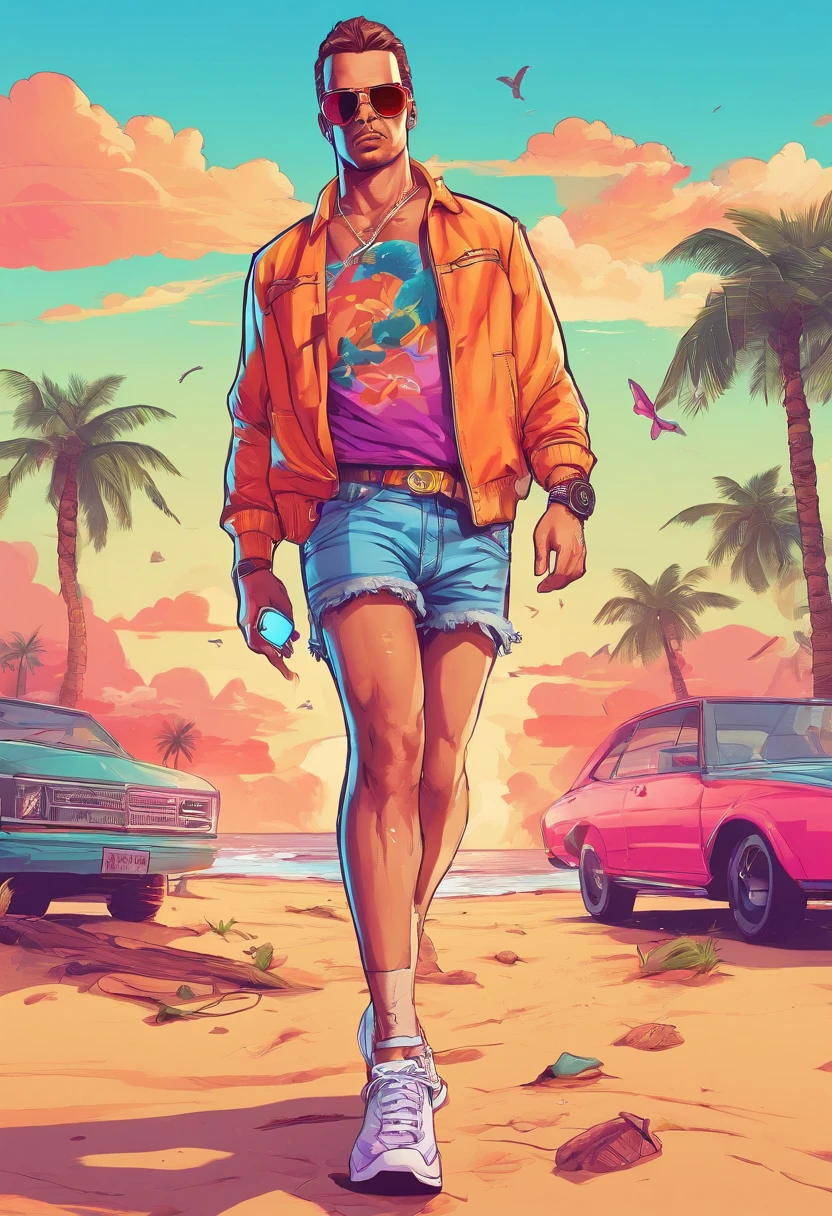 Masterpiece, Best Quality, suntanned skin, looking a viewer, sports clothing, leggins, walking on the beach , in sneakers, Simple background with logo, From Bottom, BROKEN SUNGLASSES , Torn jeans