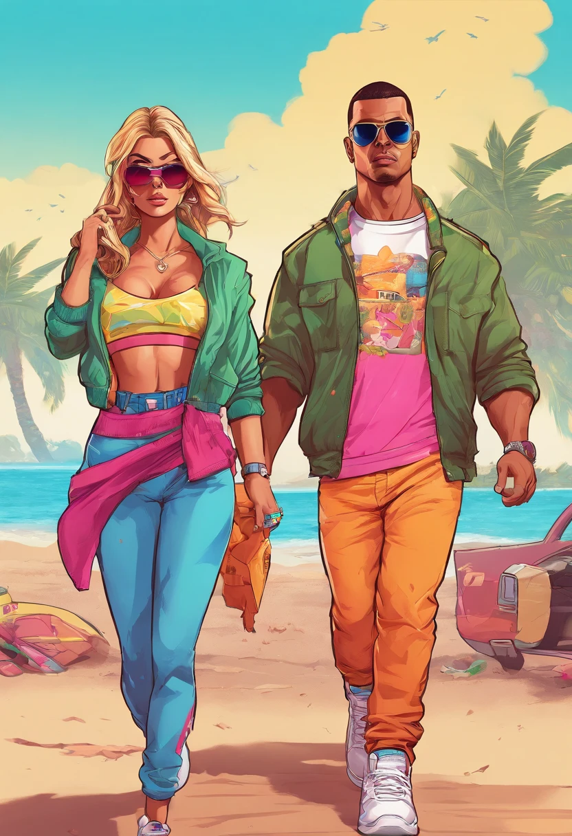 Masterpiece, Best Quality, suntanned skin, looking a viewer, sports clothing, leggins, walking on the beach , in sneakers, Simple background with logo, From Bottom, BROKEN SUNGLASSES , Torn jeans