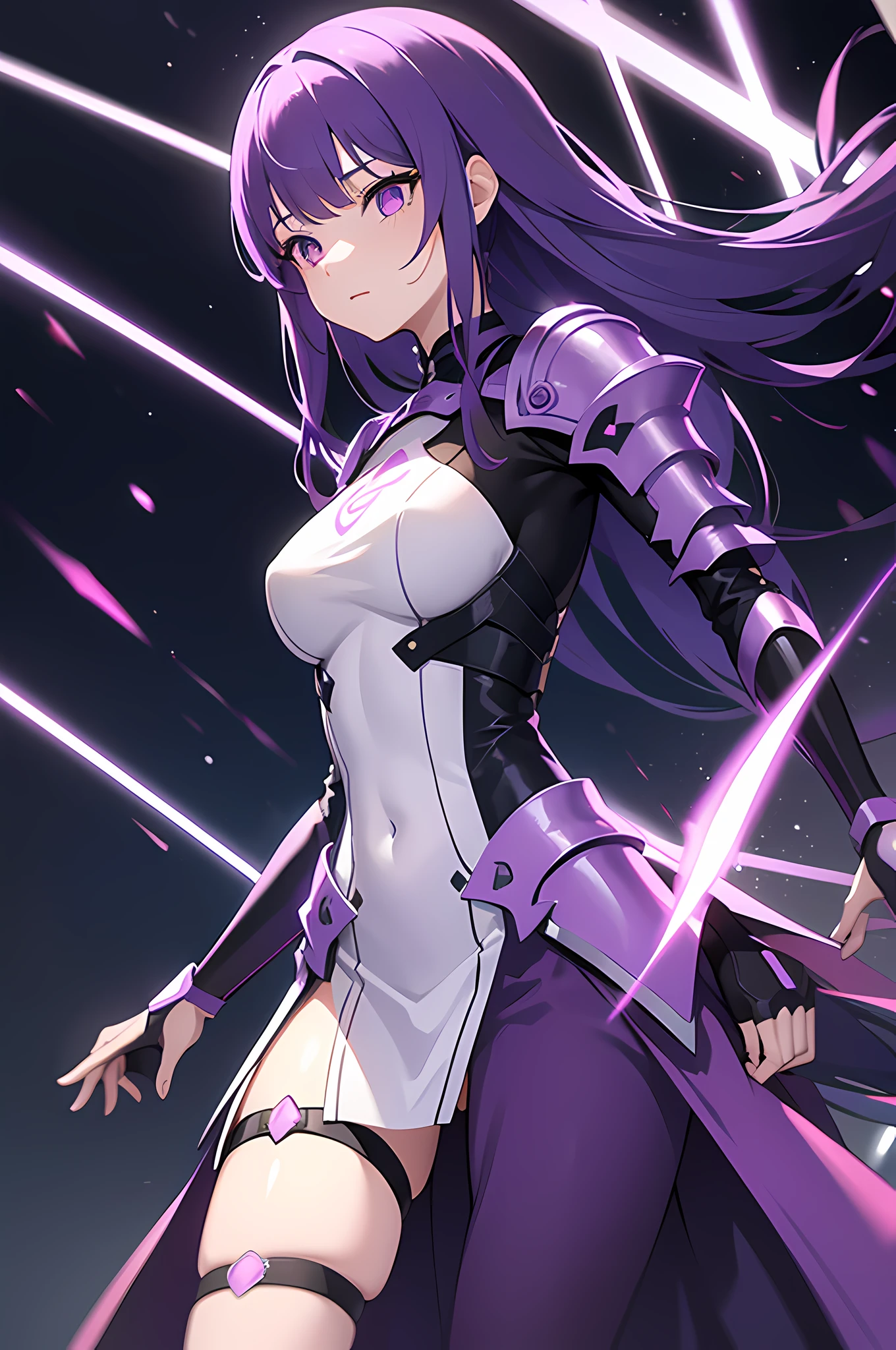 a girl, long purple hair, luminous armor plate dress, abstarct, vibrant, neon