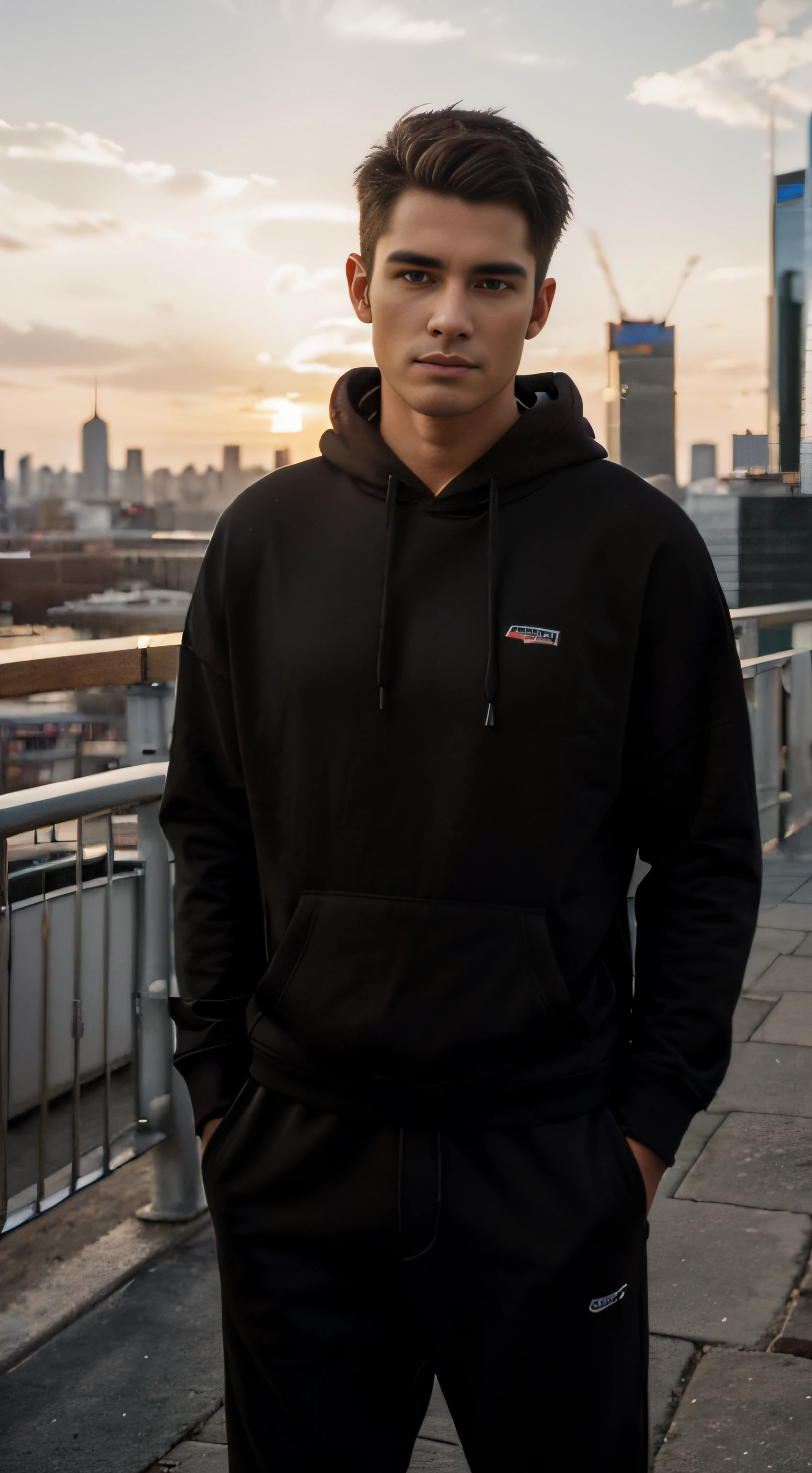 Arafed man in a black hoodie standing on a rooftop - SeaArt AI
