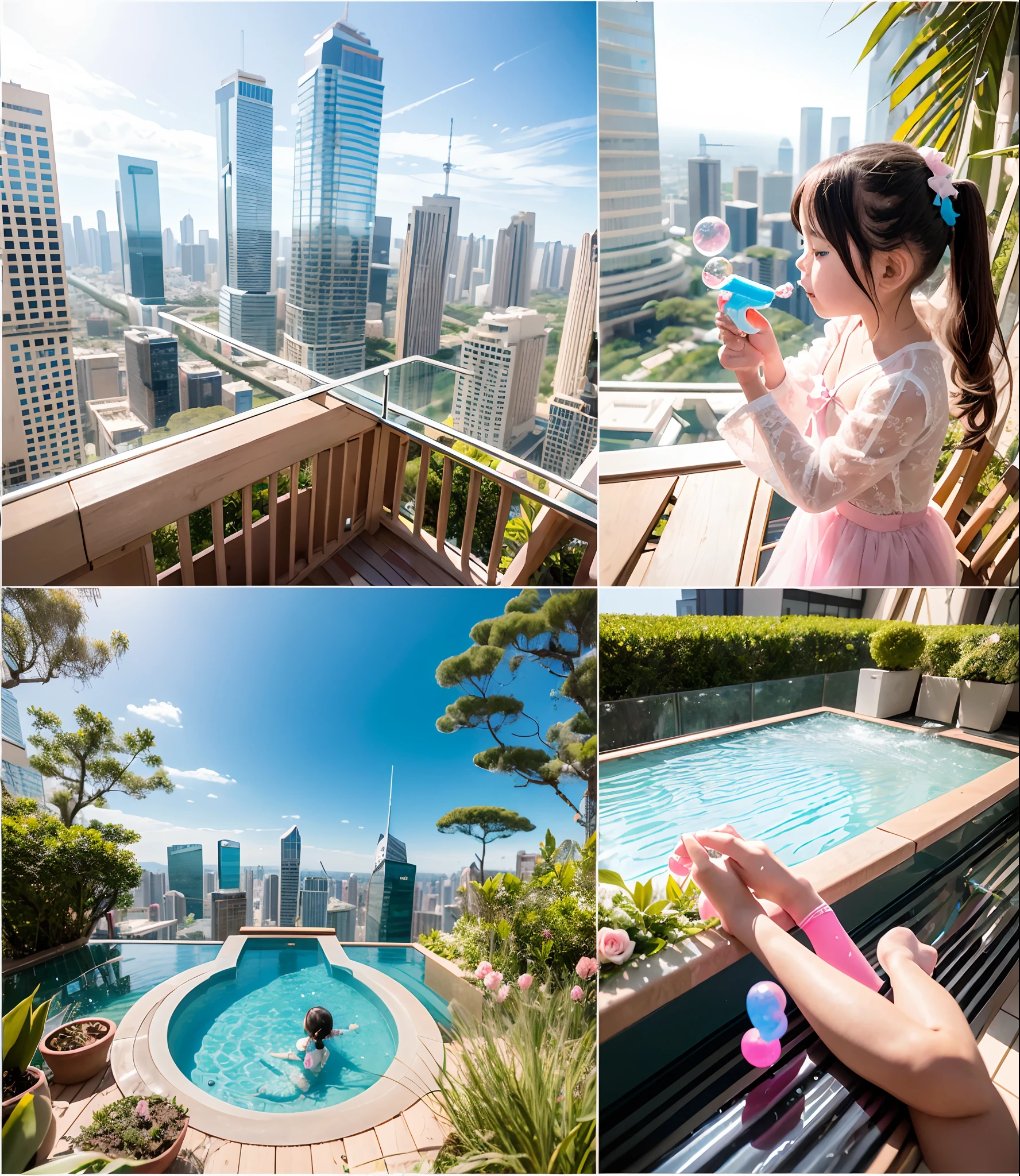 180-storey infinity pool，The tallest building in the city's forest，Sports Center，Bonsai around，Luo Han Song，coconut palms，coconut crab，tulips，Rose flower，Tease the alpacas to play，There were five  girls wearing openwork translucent stockings，Pouting and smiling，is shy，Pout，Pink, gold, White, Blue, Five colors, Two-tailed hair and cyan eyes，Anime littlein servant costume