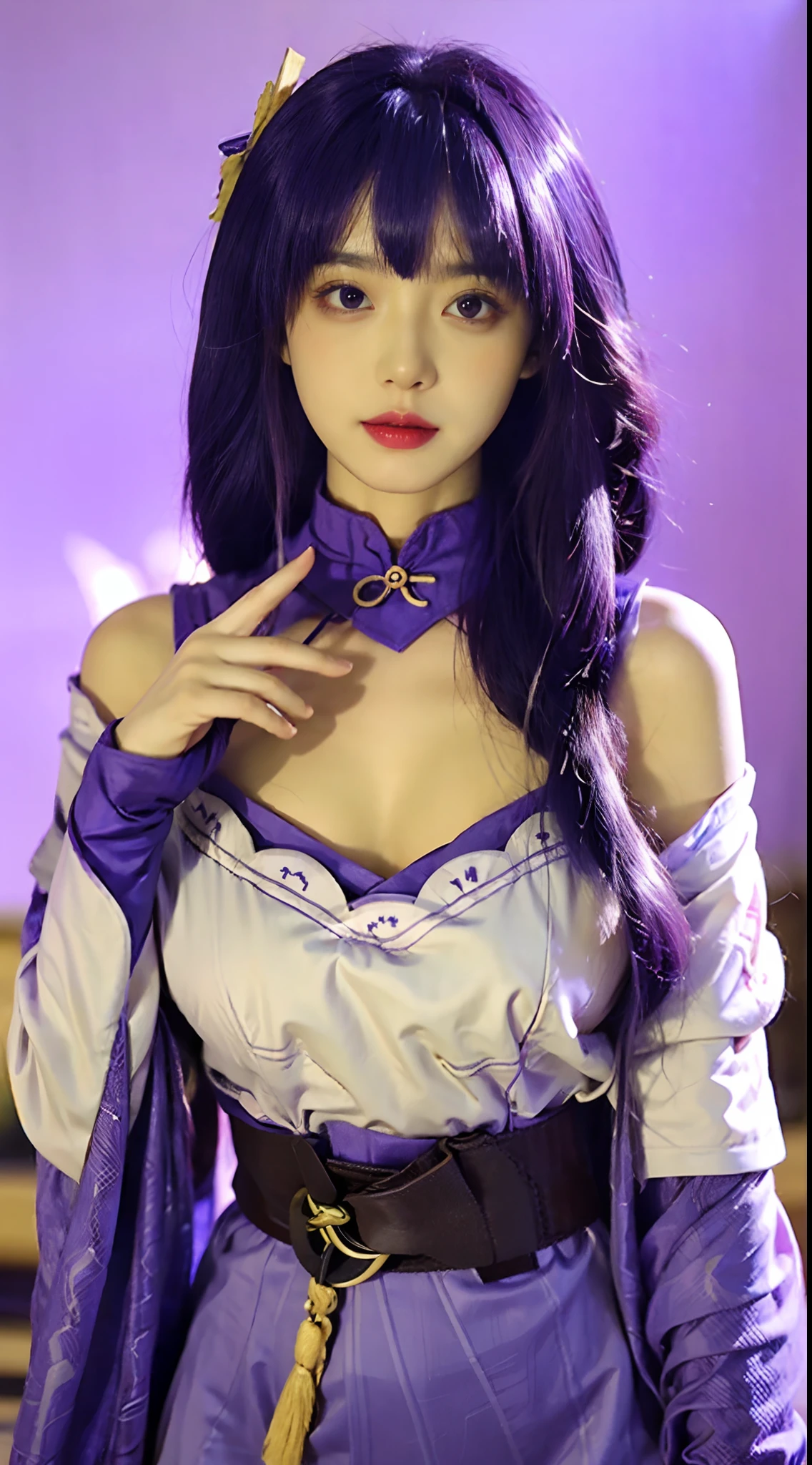 1girl, flat bangs, pigtails, Wide sleeves, hair adornments, komono, Red belt, (Purple colored hair:1.2), Very long hair, hair straight, looking at viewert, with a pure white background, (真实感:1.2), Detailed eyes, Red Eyeshadow, depth of fields, Symmetrical eyes, cleavage, dance，（tmasterpiece，top-quality，best qualityer，offcial art，Beauty and aesthetics：1.2），（1girll），extremy detailed，（s fractal art：1.5），highest details，[Blue feathers|Purple feathers]the hair，Very long hair，（littered），（floated hair：1.5），Hair background，exposed bare shoulders，（鎖骨：0.9），，ssmile，huge tit，36d，Bigchest，Raised sexy，Cocked buttocks，hot，Bigchest，cleavage，Big tits，A detailed，white backgrounid，（Holding a purple katana in his hand）