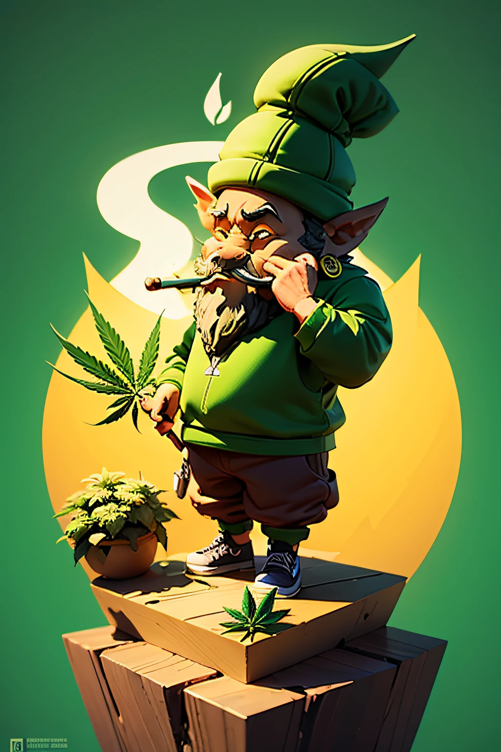 An image of a marijuana leaf as a character in a funny cartoon. The character is made of marijuana. The character is smoking a joint that is made of gold.