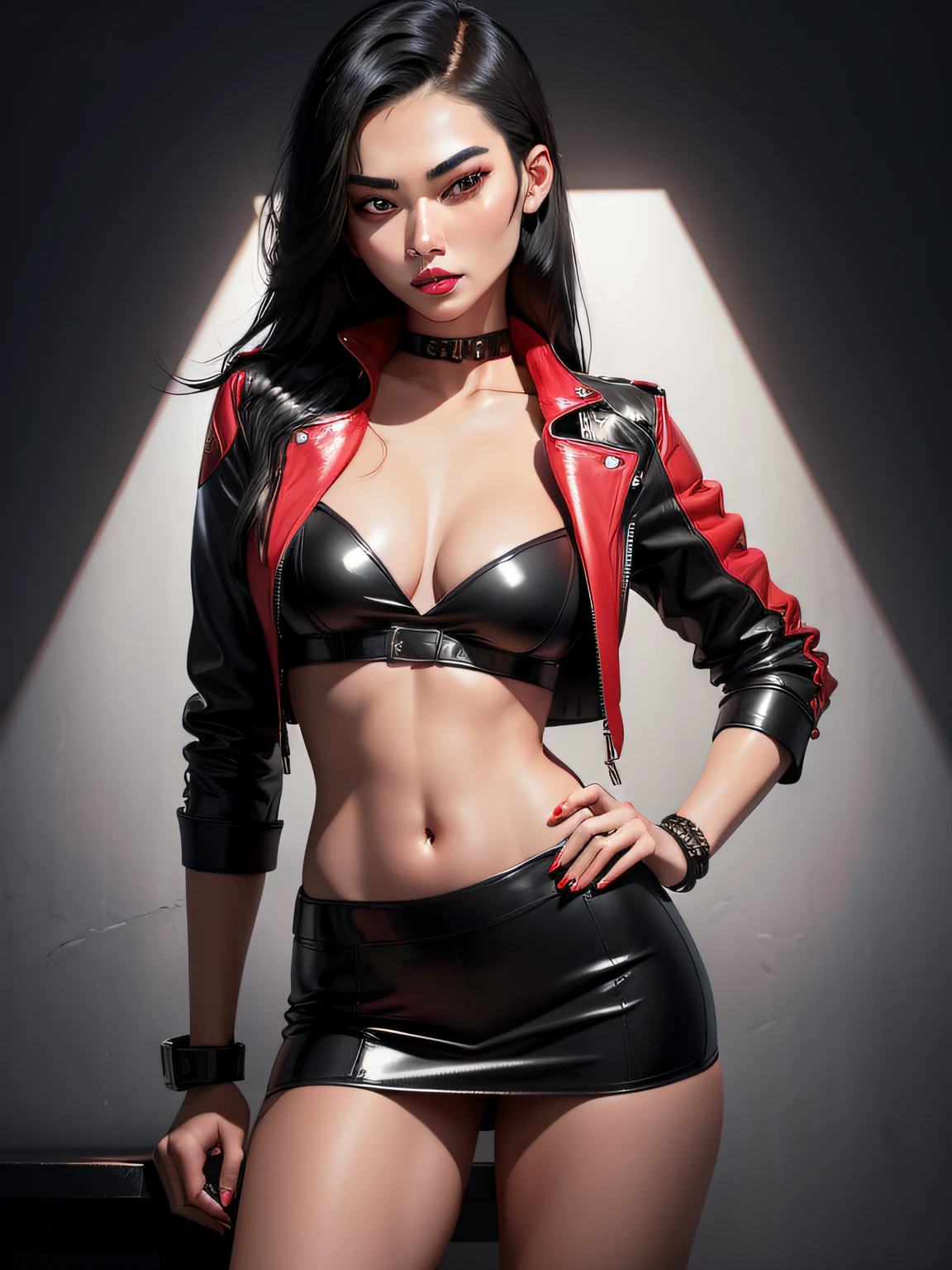 Fashion magazine cover photo of a young asian female model with jet black hair, bold red lipstick, detailed skin, leather jacket, posing confidently with hand on hip, upper body shot, studio backdrop, (bright fill lighting:1.4) from the front balancing out shadows, straight on angle, very shallow DOF, in an edgy style, (film grain)